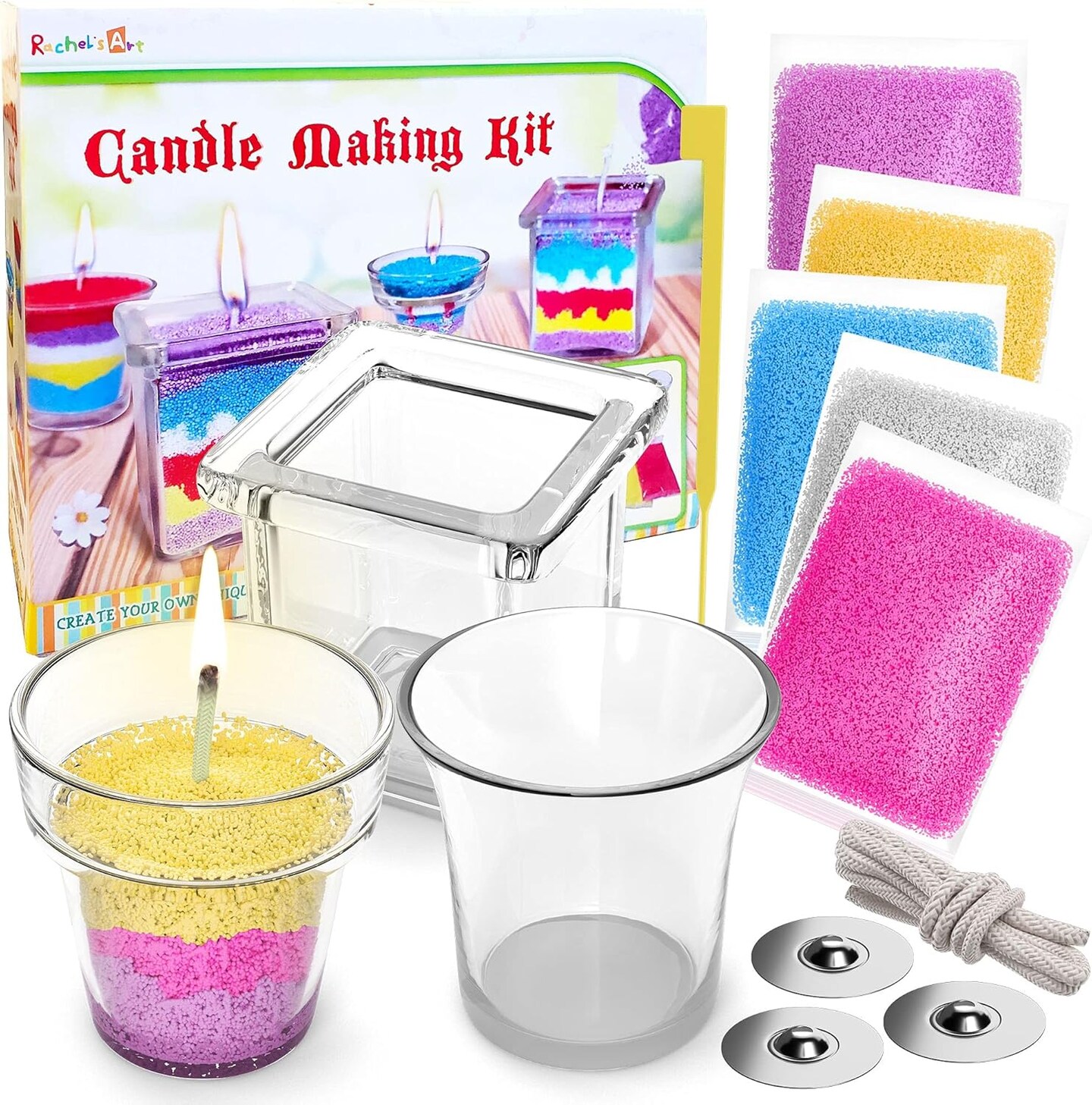 Kids Candle Making Kit – DIY, 3 Glass Containers, 3 Wicks, 5 Colored Wax Bags.