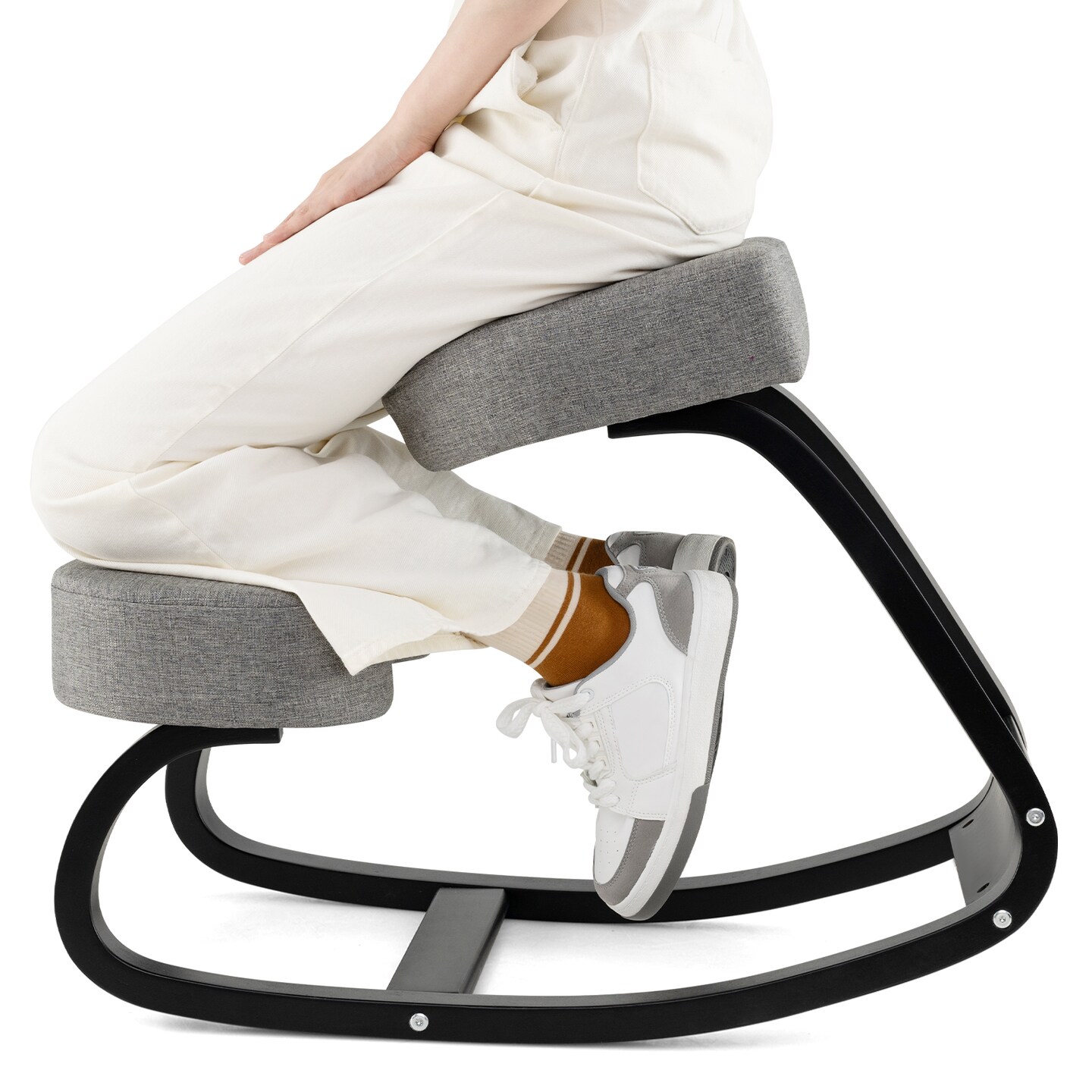 Gray Wooden Ergonomic Rocking Kneeling Chair with Crossbars and Padded Cushion