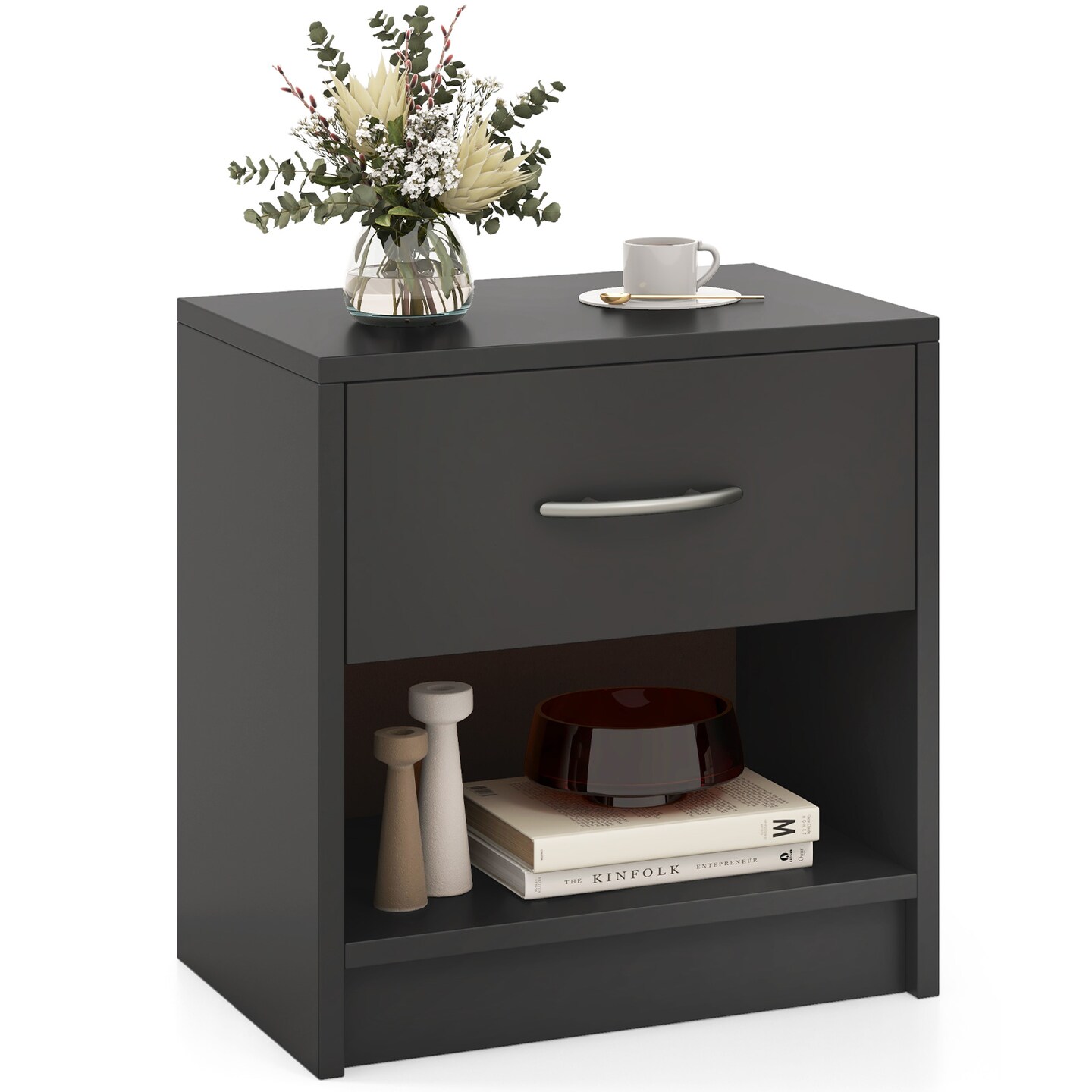 Nightstand with Drawer, Open Shelf, Modern Design and Sturdy Structure