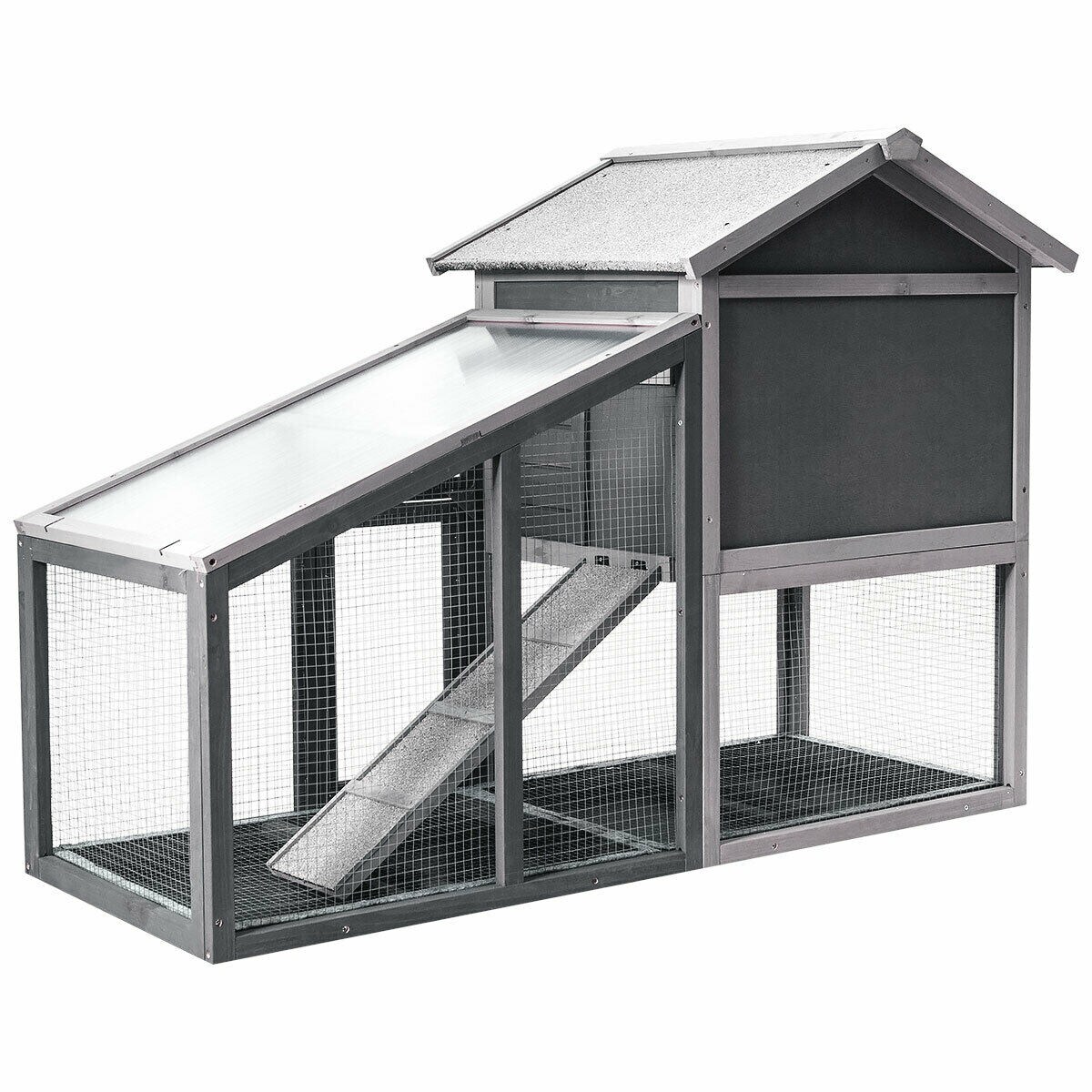 56.5 Inch Grey Wooden Rabbit House with Pull out Tray and Ramp Ideal for Small Animals