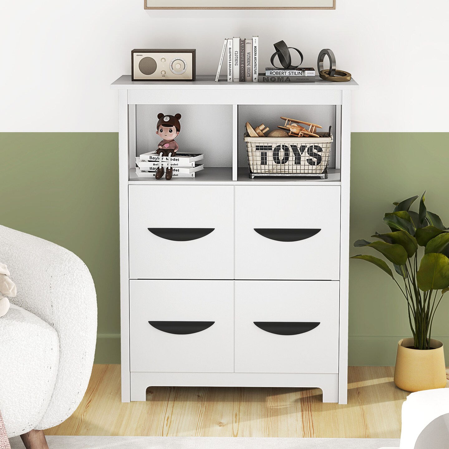 White MDF Storage Cabinet with 2 Drawers and 2 Open Compartments