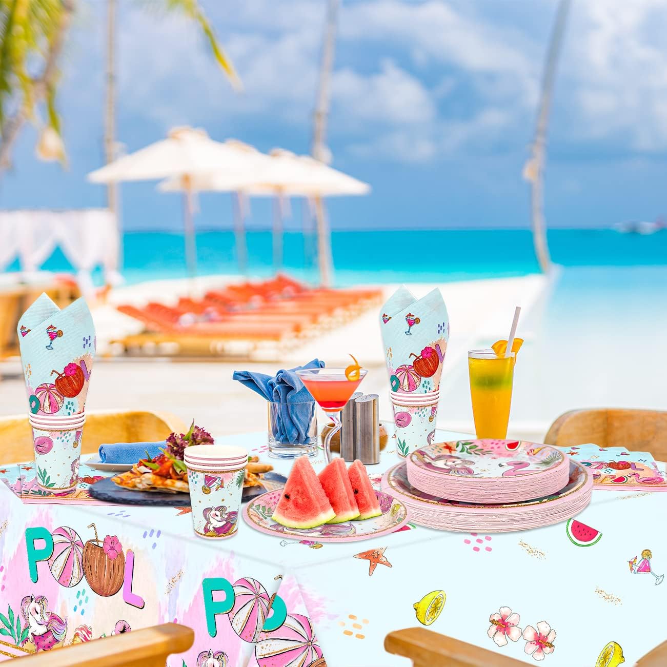 Summer Pool Party Decorations- 121PCS Pink Pool Plates and Napkins Set Beach Party Cups Tablecloths Flamingos Unicorns