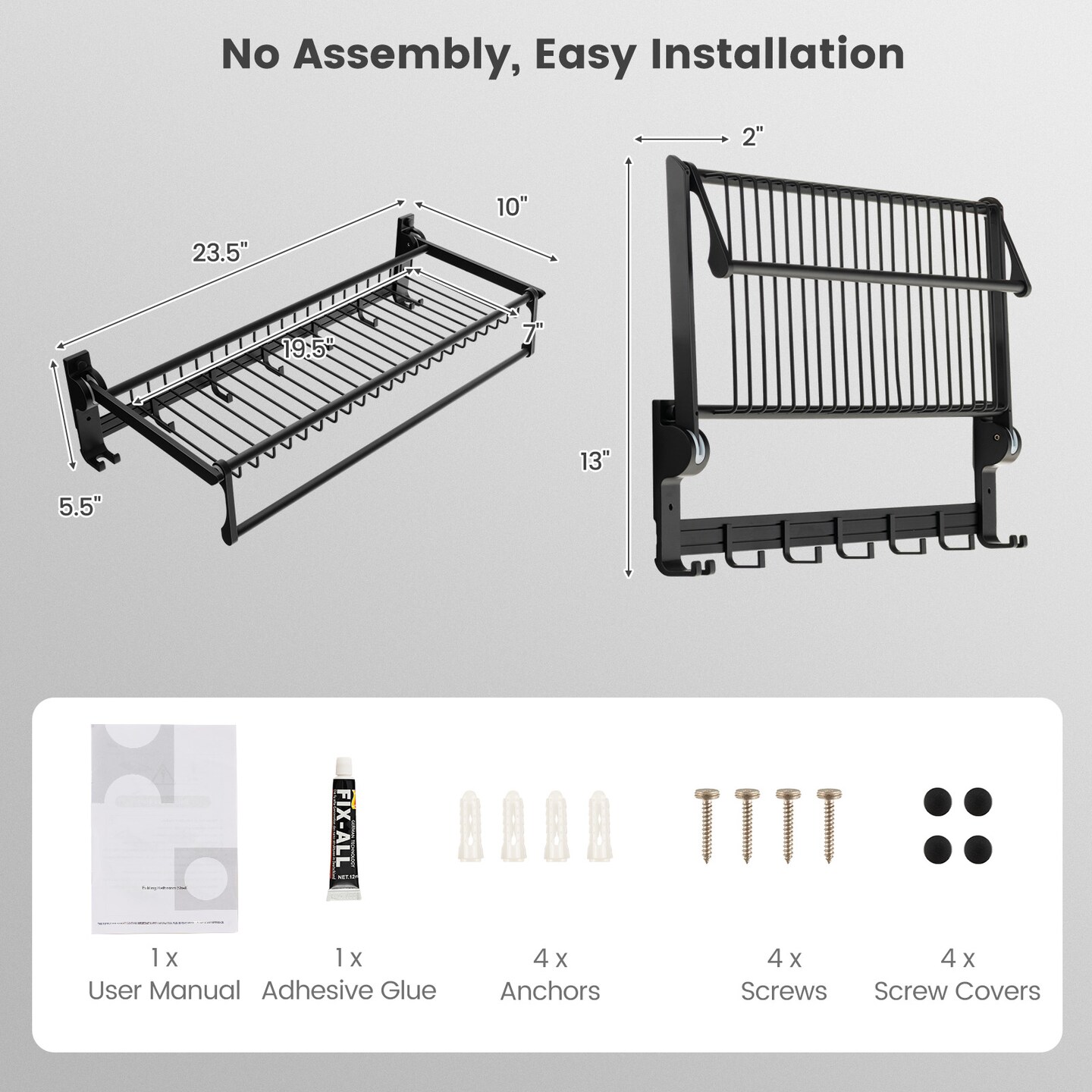 Foldable Space Aluminum Wall Towel Rack with Hooks &#x26; Shelf &#x2013; Black