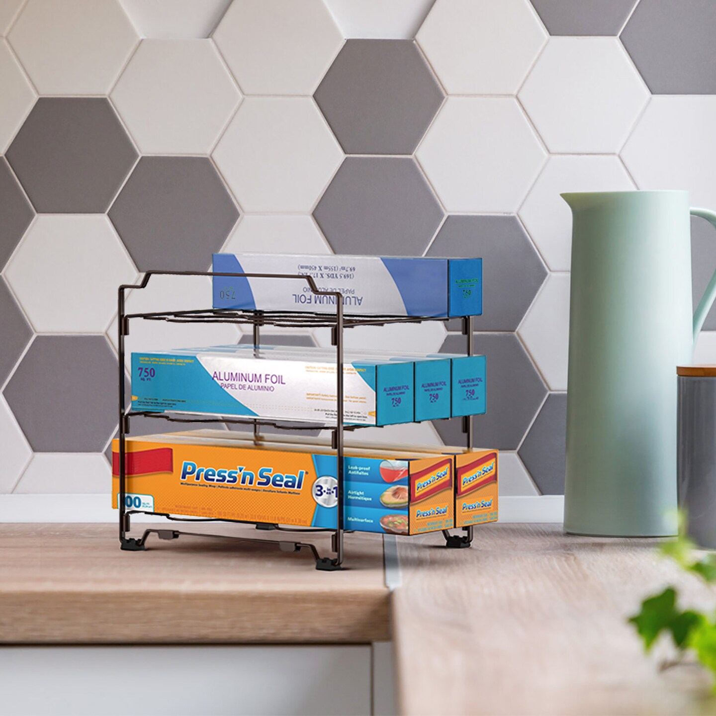 Upgraded Kitchen Wrap Organizer Rack - Non-Slip, Stackable Foil & Plastic Wrap Storage for Cabinets/Countertops - Space-Saving Design (7.7"L x 9.5"W x 9.4"H)