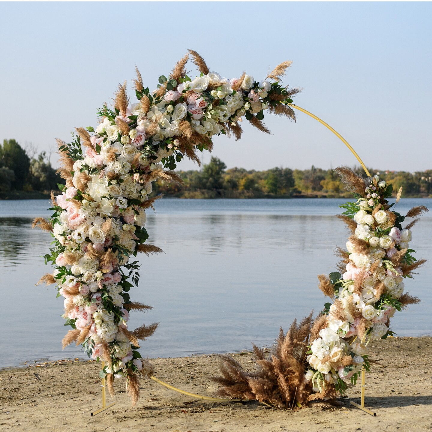 7.3FT Round Metal Backdrop Stand with Base - Gold Wedding Arch Kit for Balloons, Flowers, Parties, Photo Booth Decor (Indoor/Outdoor, Reusable)