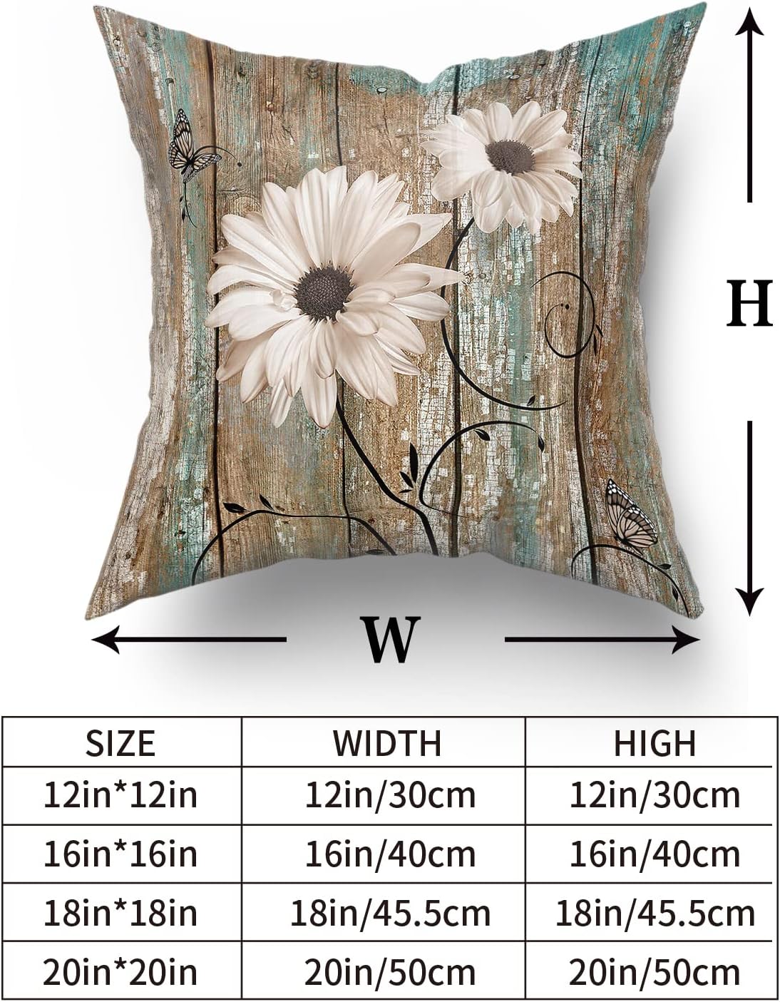 Rustic Daisy Board Pillow Covers 18x18 Inch White Sunflowers on Vintage Style Wood Plank Throw Pillowcases Set of 2 with Hidden Zipper for Couch Cushion Sofa Bedroom Home Decoration