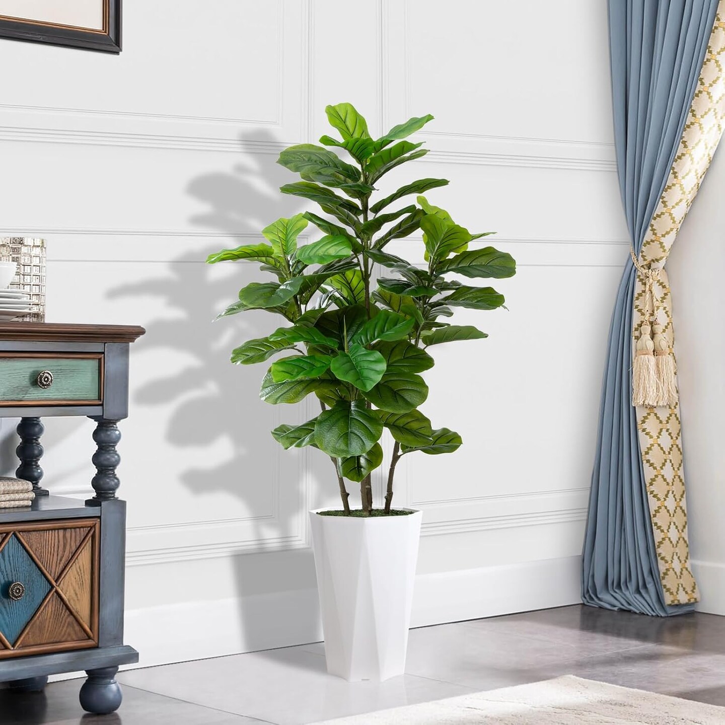 Artificial Fiddle Leaf Fig Plant Indoor 5FT Faux Fig Tree with White Diamond Planter Tall Fake Floor Plant in Pot Artificial Trees for Home Office Living Room Decor Indoor