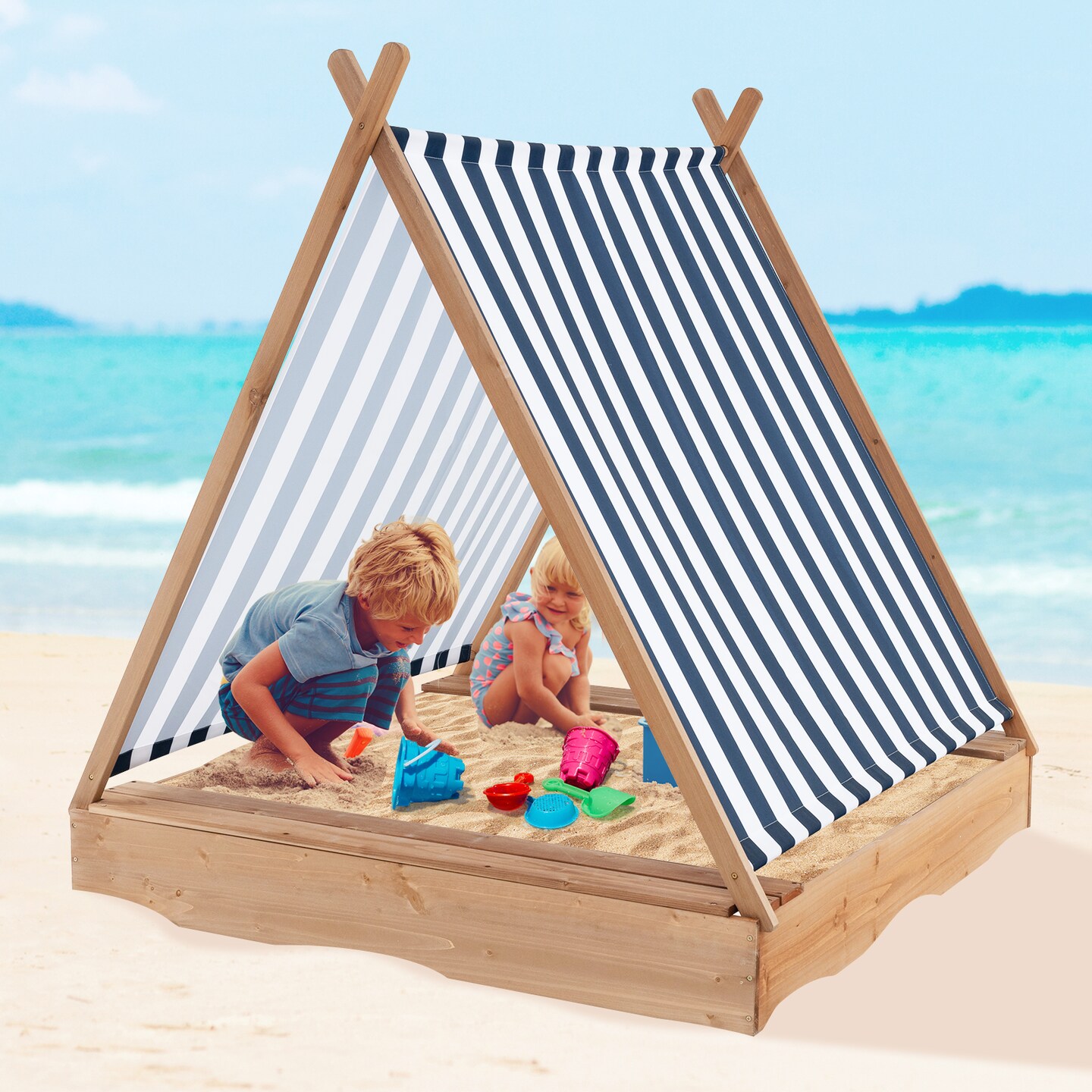 Wooden Sandbox with Canopy &#x26; Built-in Benches 49x48