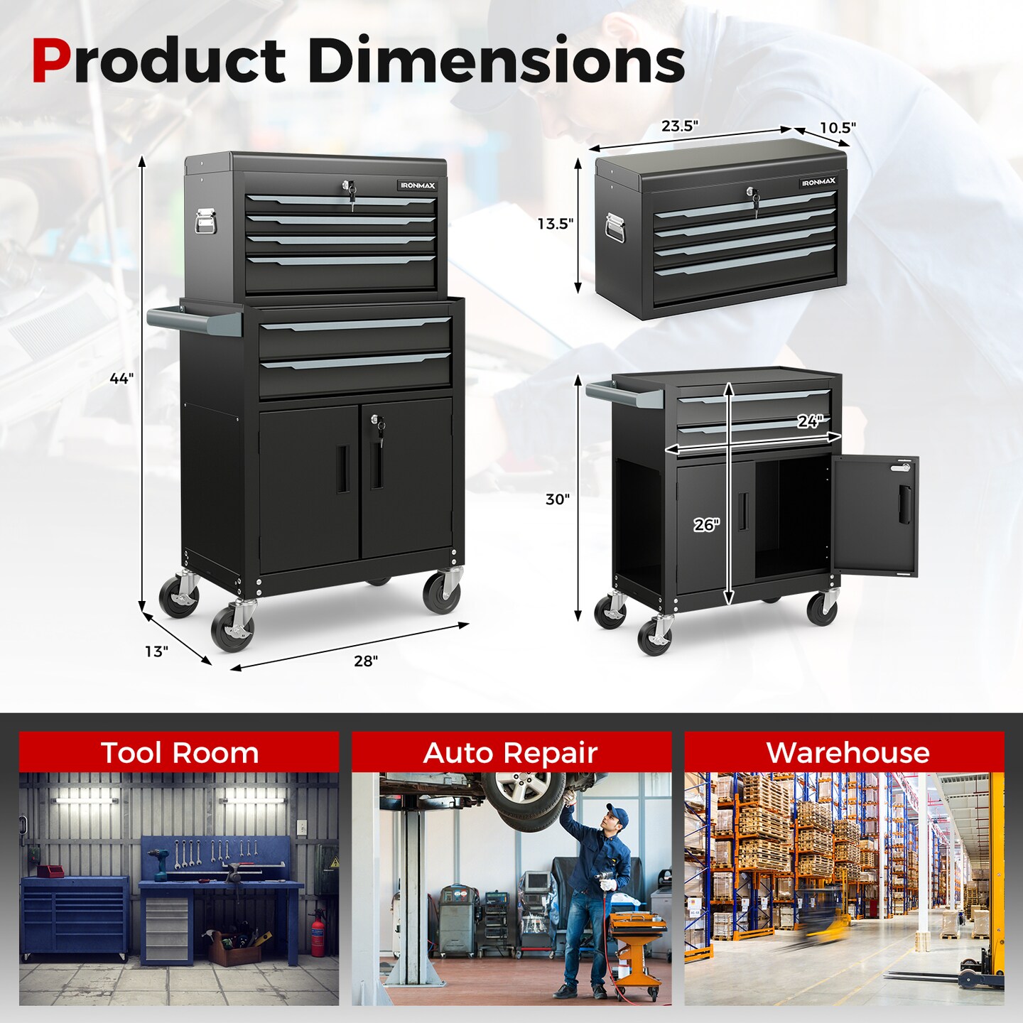 6-Drawer Rolling Tool Storage Chest with Universal Wheels and 2 Door Bottom Cabinet