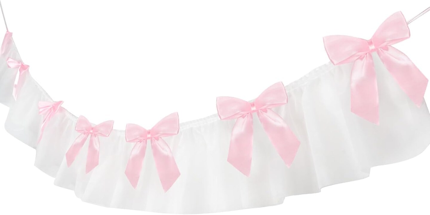 Bow Garland Banner, Pink Bow Birthday Party Decorations, 5.1ft Lace and Satin Ribbon Bows Hanging Banner with 7 Bows for Coquette Birthday Bachelorette Party Wedding Engagement Decor