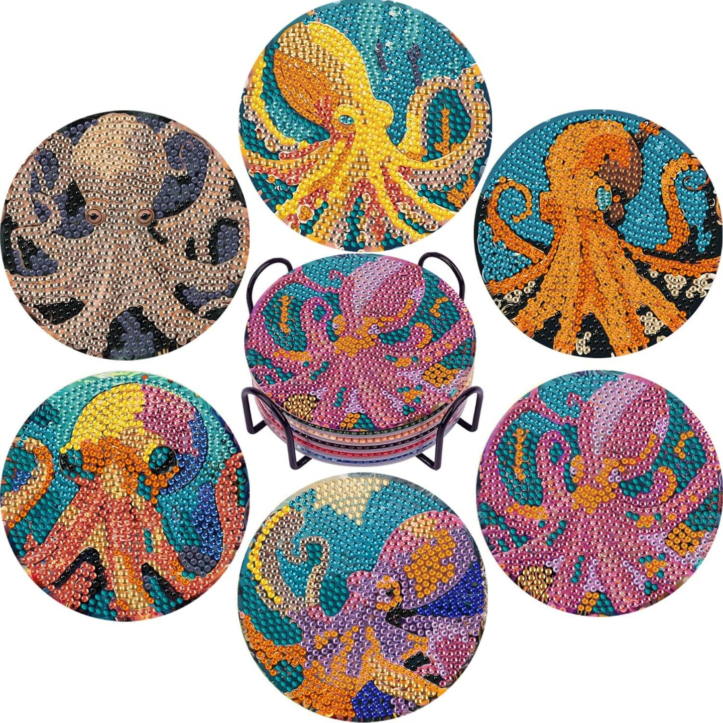 Diamond Art Coasters Set of 6, Small Diamond Painting Kits for Adults Beginners, Cork Coaster for Drinks Gem Art Coasters with Holder Home Decor for Octopus