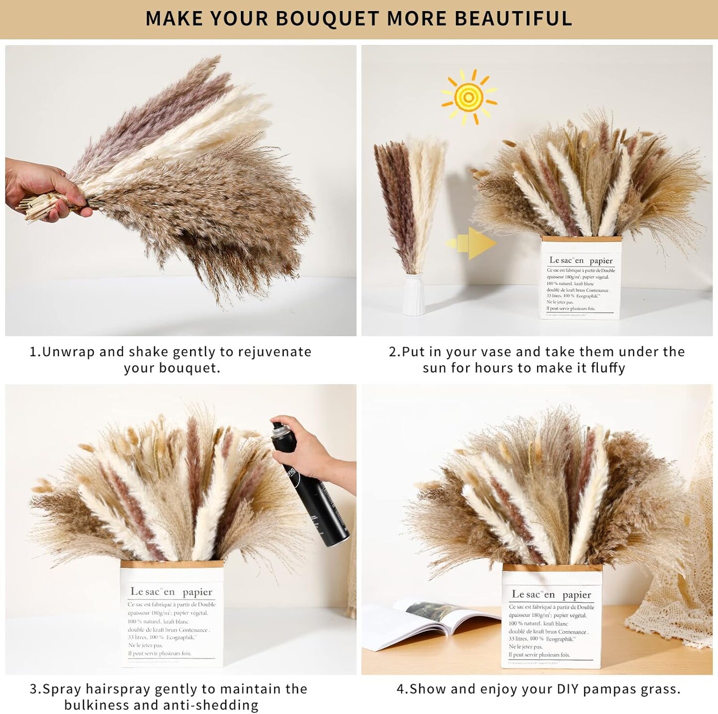 135Pcs Dried Pampas Grass Decor, Boho Home Decor, Mini Bunny Tails Dried Flowers, Fluffy Pompous Grass Bouquet