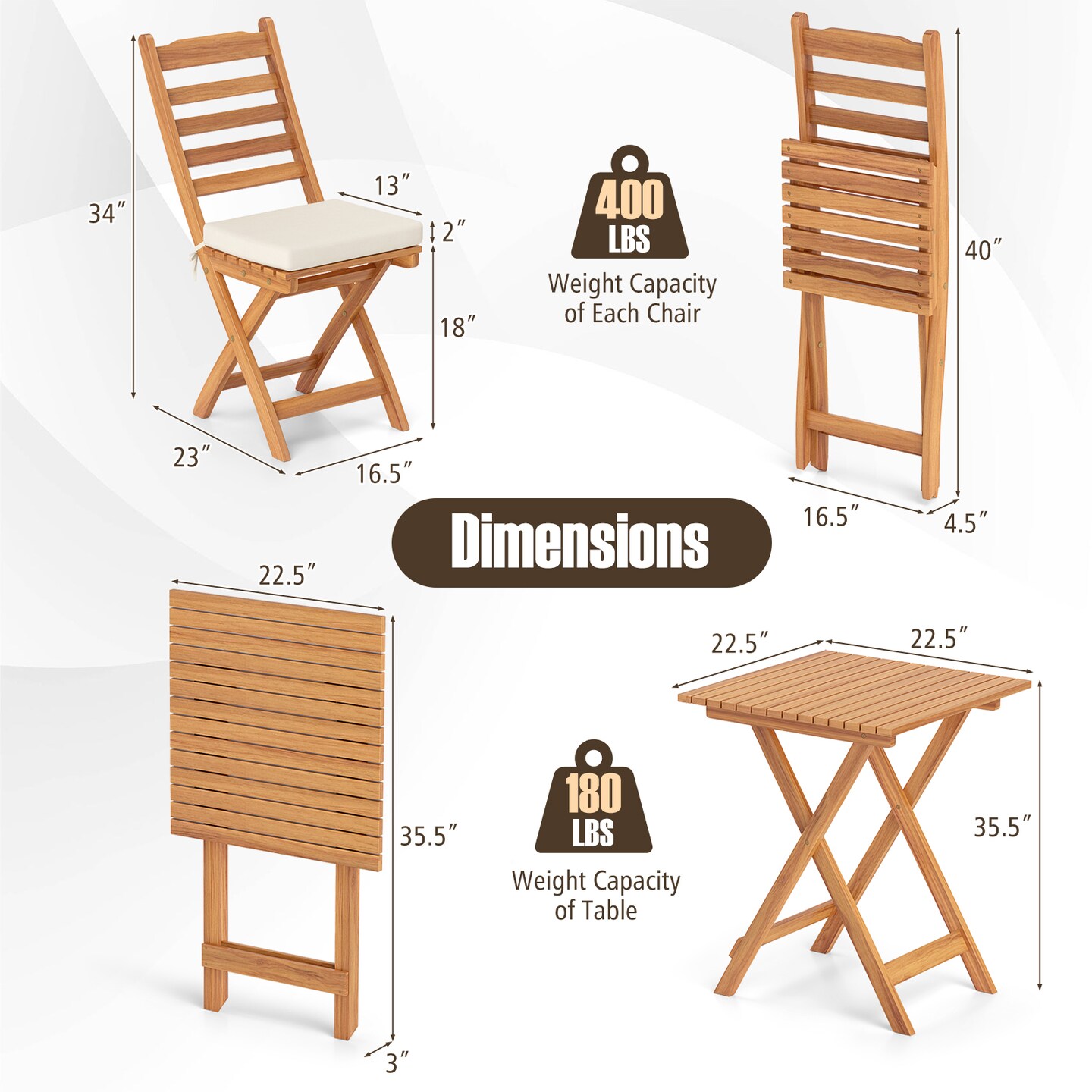 3 Pieces Patio Bistro Folding Chair Table Set with Soft Seat Cushions Ideal for Outdoor Use
