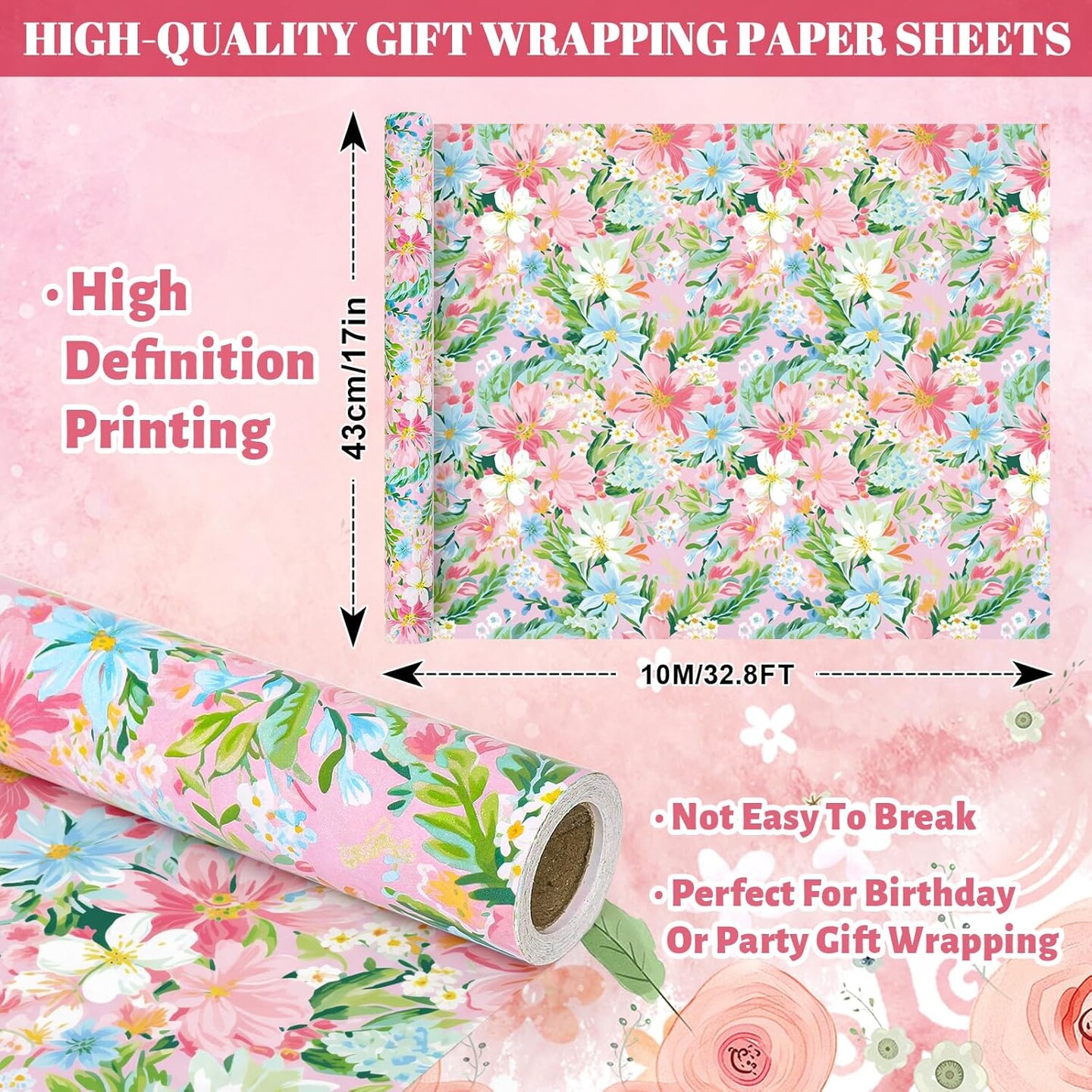 Spring Floral Wrapping Paper – Mini Roll 17" x 32.8 Ft | Watercolor Pink & Blue Flowers for Wedding, Birthday, Baby Shower & DIY Crafts (Pink)