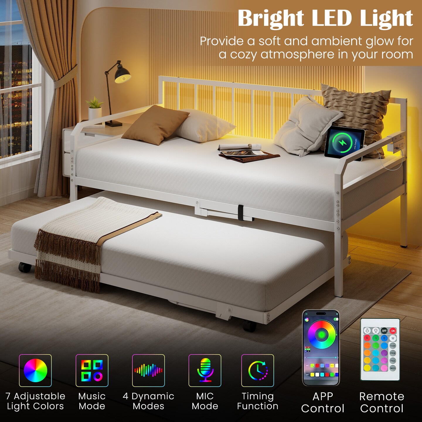 Adjustable Twin Daybed with Pop-Up Trundle, LED Lights and Power Strip