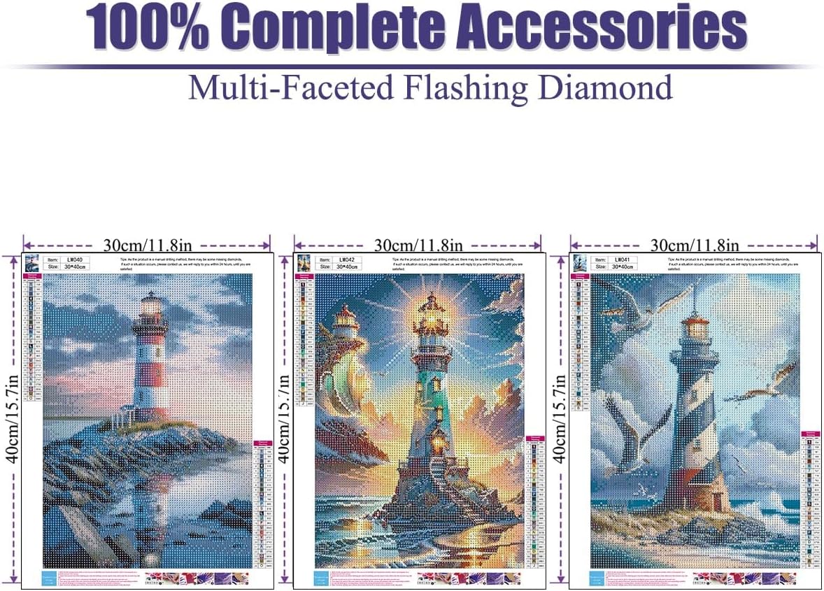 Diamond Painting Kits for Adults - 3 Pack Lighthouse DIY 5D Diamond Art Kits Full Drill Diamond Dots Paintings with Diamonds Gem Art and Crafts Home Decor 12x16inch