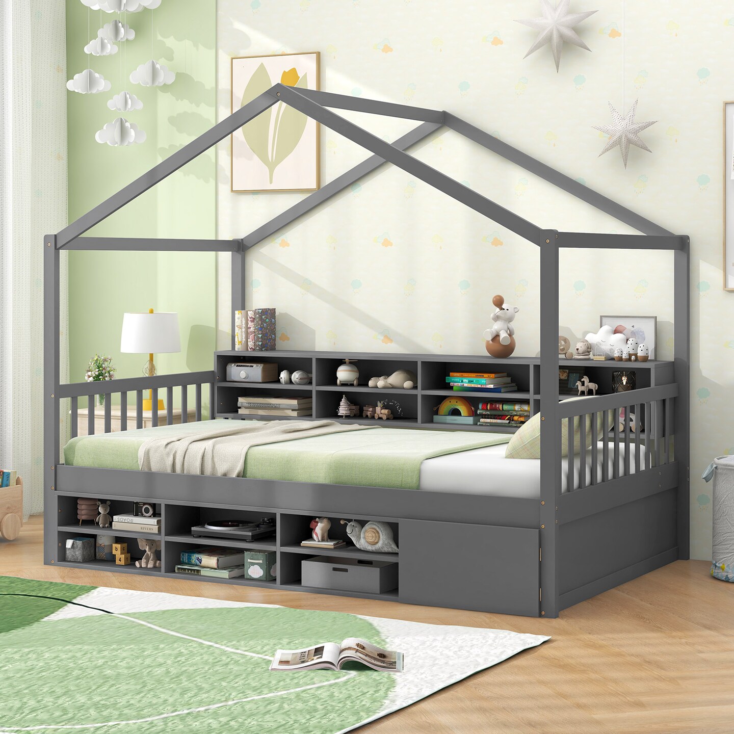 Grey House-Shaped Kids Bed with Storage Cubes, Bedside Shelf and Wooden Frame