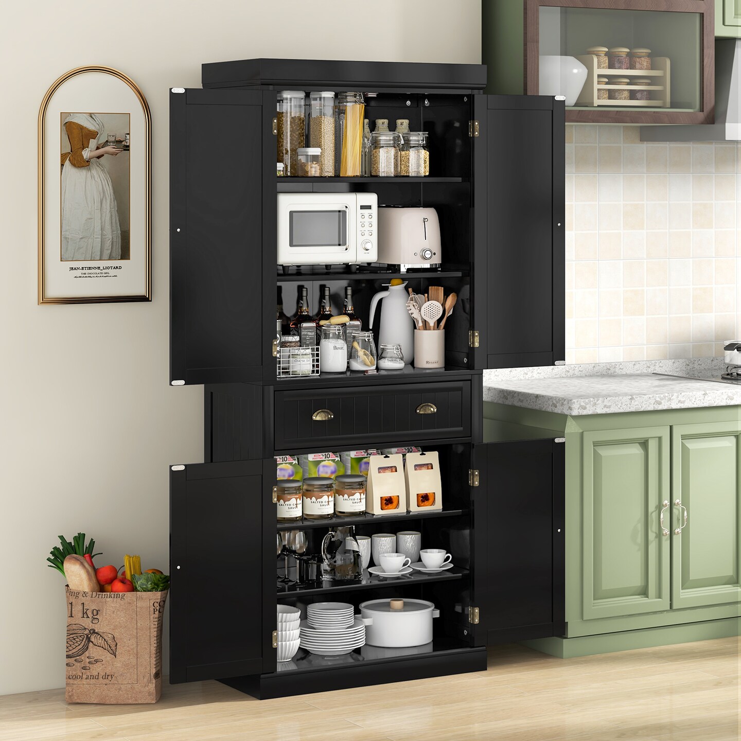 Freestanding Tall Kitchen Cabinet with 3-Position Adjustable Shelves and Large Capacity Drawer