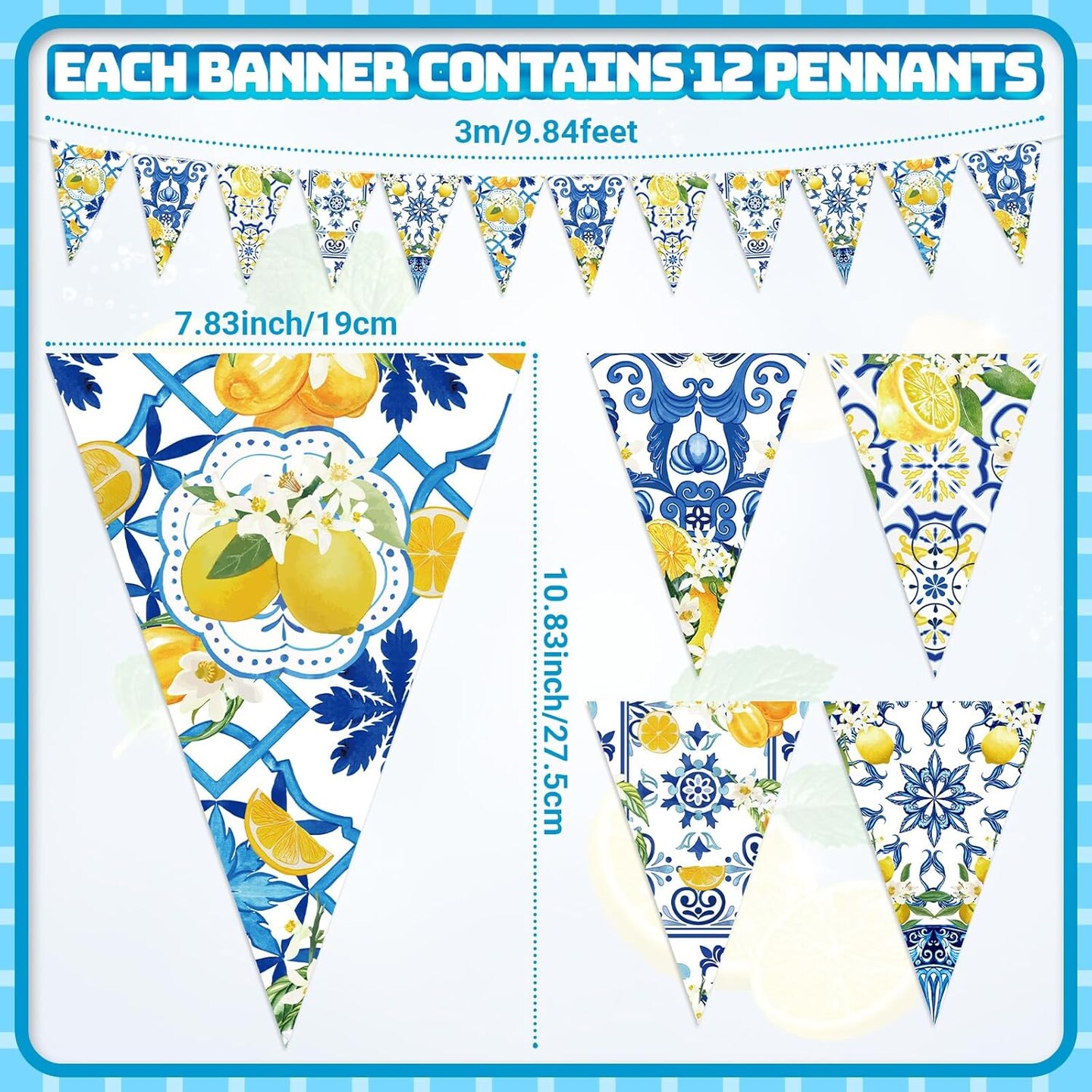 5 Pcs Blue Tiles Lemon Decor Lemon Bunting Banners Blue Tiles Paper Pennant Garlands Lemonade Hanging Triangle Flags for Wedding Birthday Bridal Shower Bachelorette Party Decorations