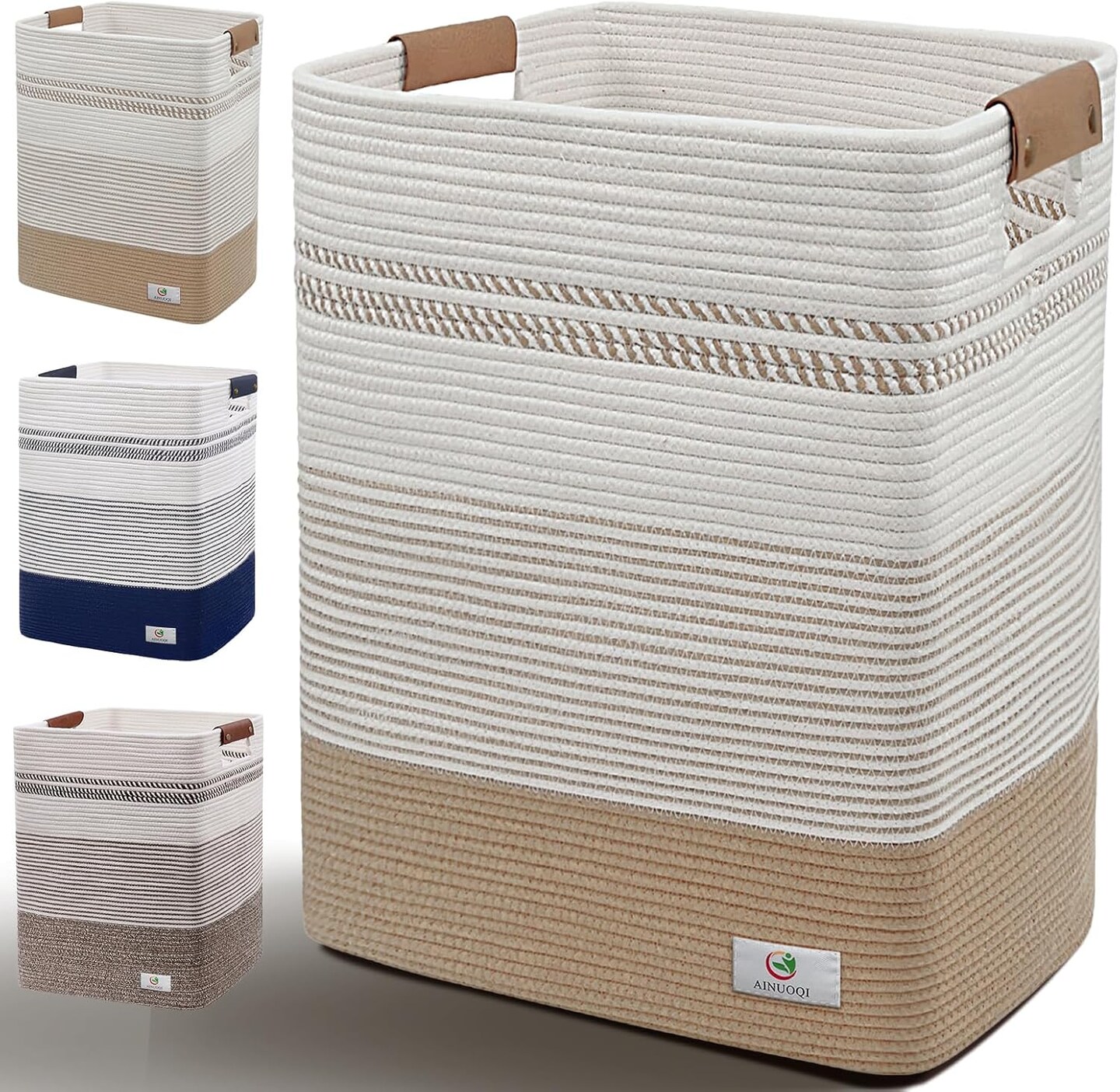 Laundry Hamper - 85L Large Laundry Basket with Leather Handles, Decorative Storage Basket for Blankets - Cotton Rope Woven Baskets for Storage, Clothes Hamper for Living Room, Jute &#x26; White