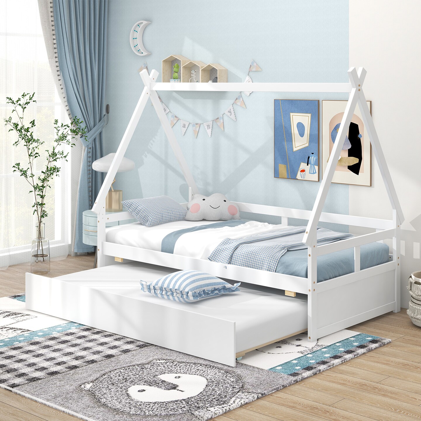 Twin Size House Frame Bed with Trundle, Wooden Construction and Creative Design