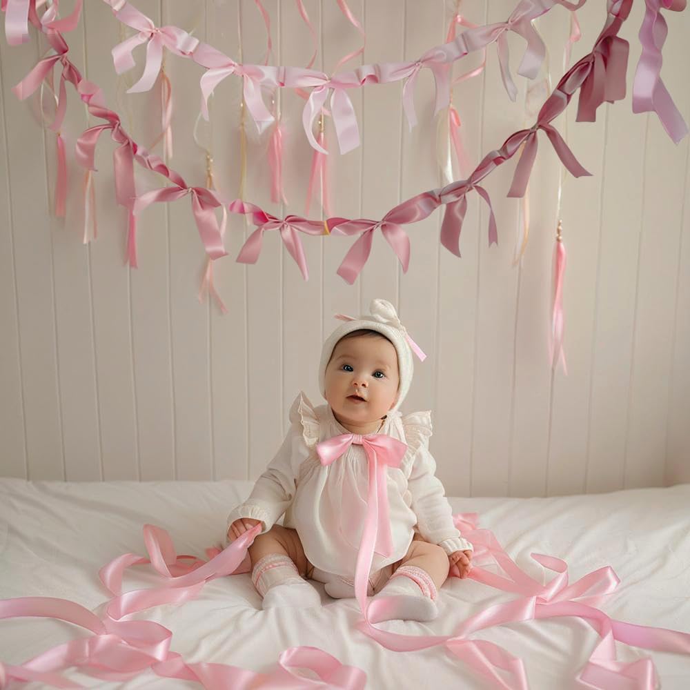 2Pcs Pink Bow Garland Banner for Coquette Birthday Bachelorette Party Decorations, 5.4FT Satin Bow Banner Decorations for Wedding Favors Bridal Shower Engagement Party Supplies Baptism Gift