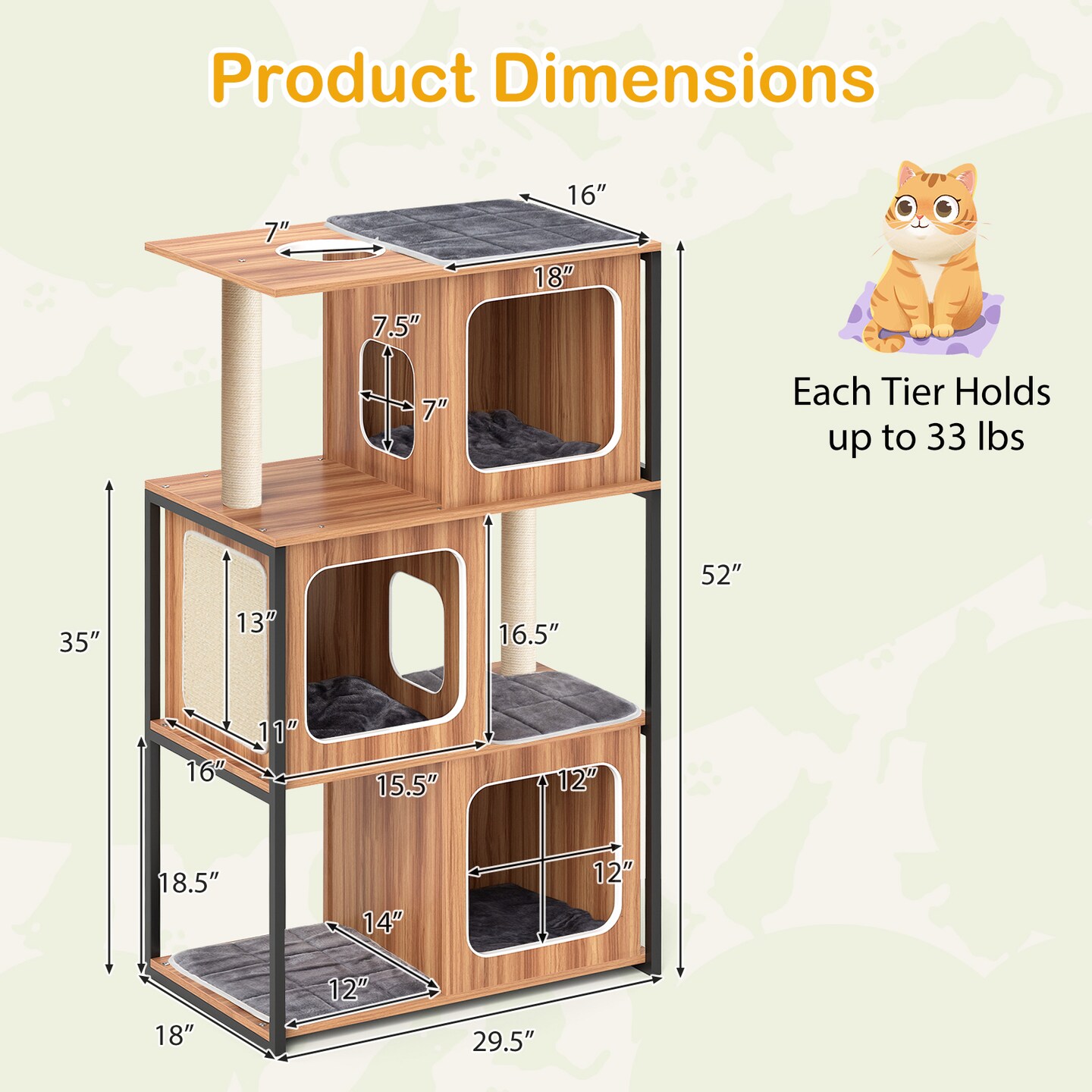 Natural Gray Engineered Wood Multi-Level Cat Tower with Metal Frame