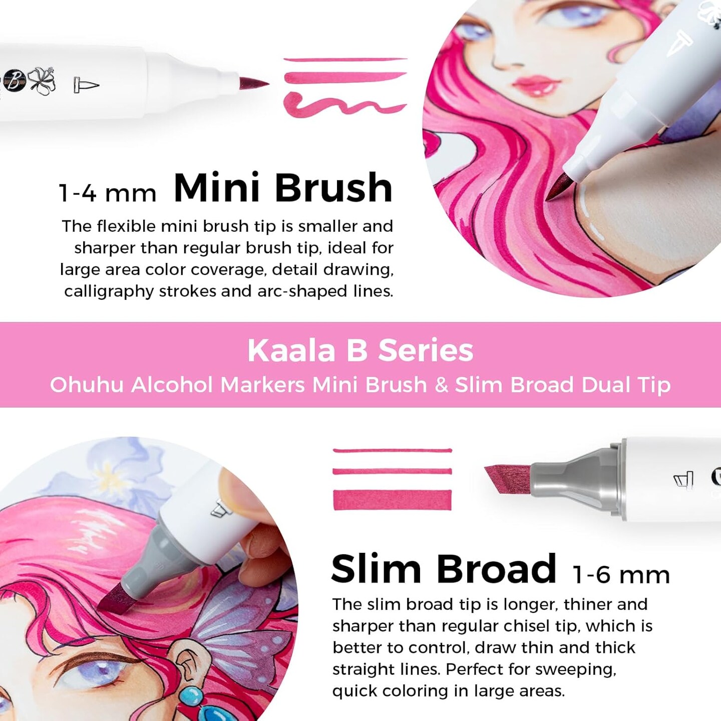 Alcohol Markers: Mini Brush & Slim Broad 60 Illustration Colors Dual Tip Brush Tip Alcohol-based Art Marker