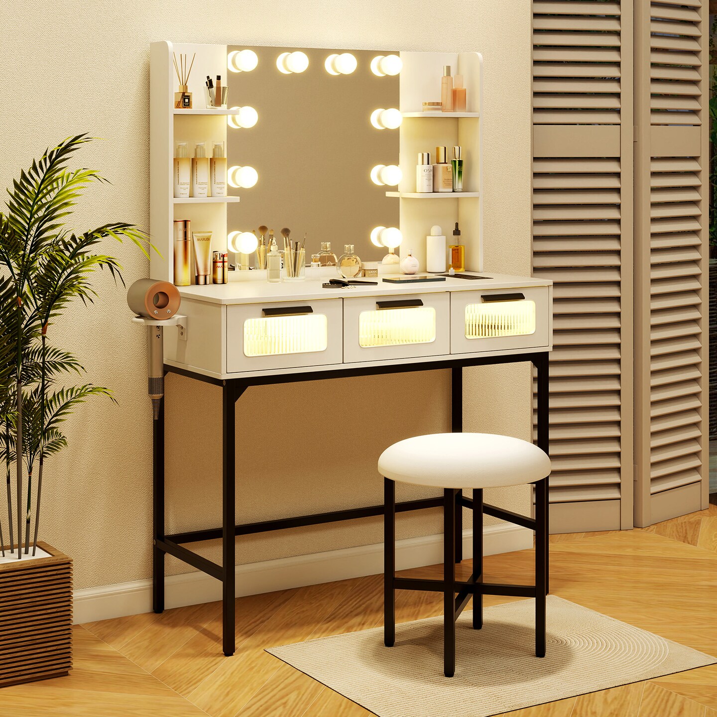 White Vanity Set with 3-Color LED Mirror, Charging Station &#x26; Storage