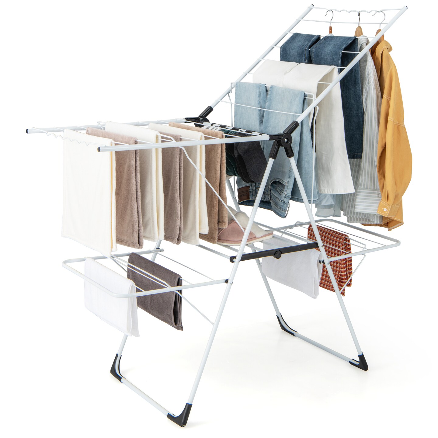 2-Level Freestanding Foldable-Portable Laundry Drying Rack with Height Adjustable Wings