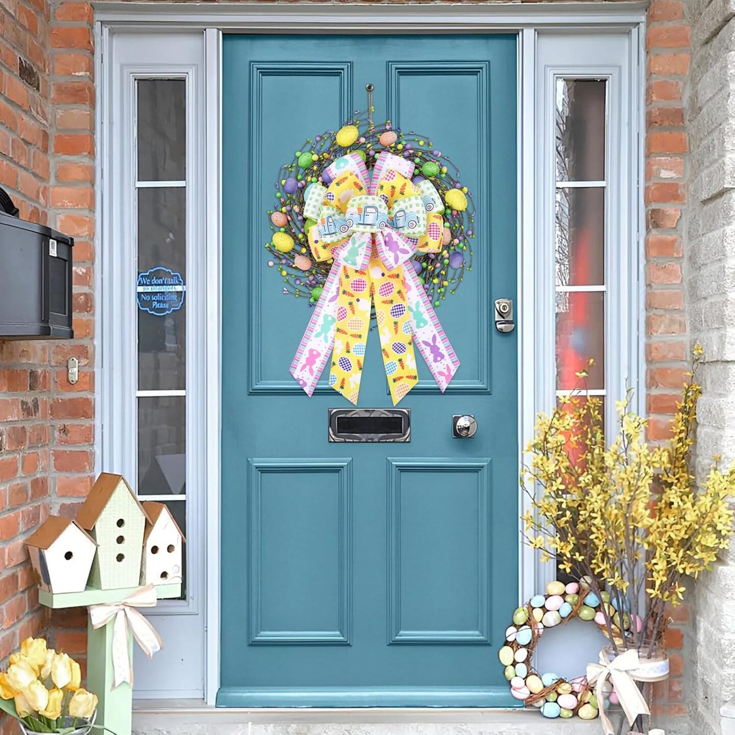 Easter Bows for Wreaths, Large Easter Basket Bow Decorations with Bunny Colorful Eggs, Yellow Green Burlap Bow for Front Door, Indoor, Outdoor Decora