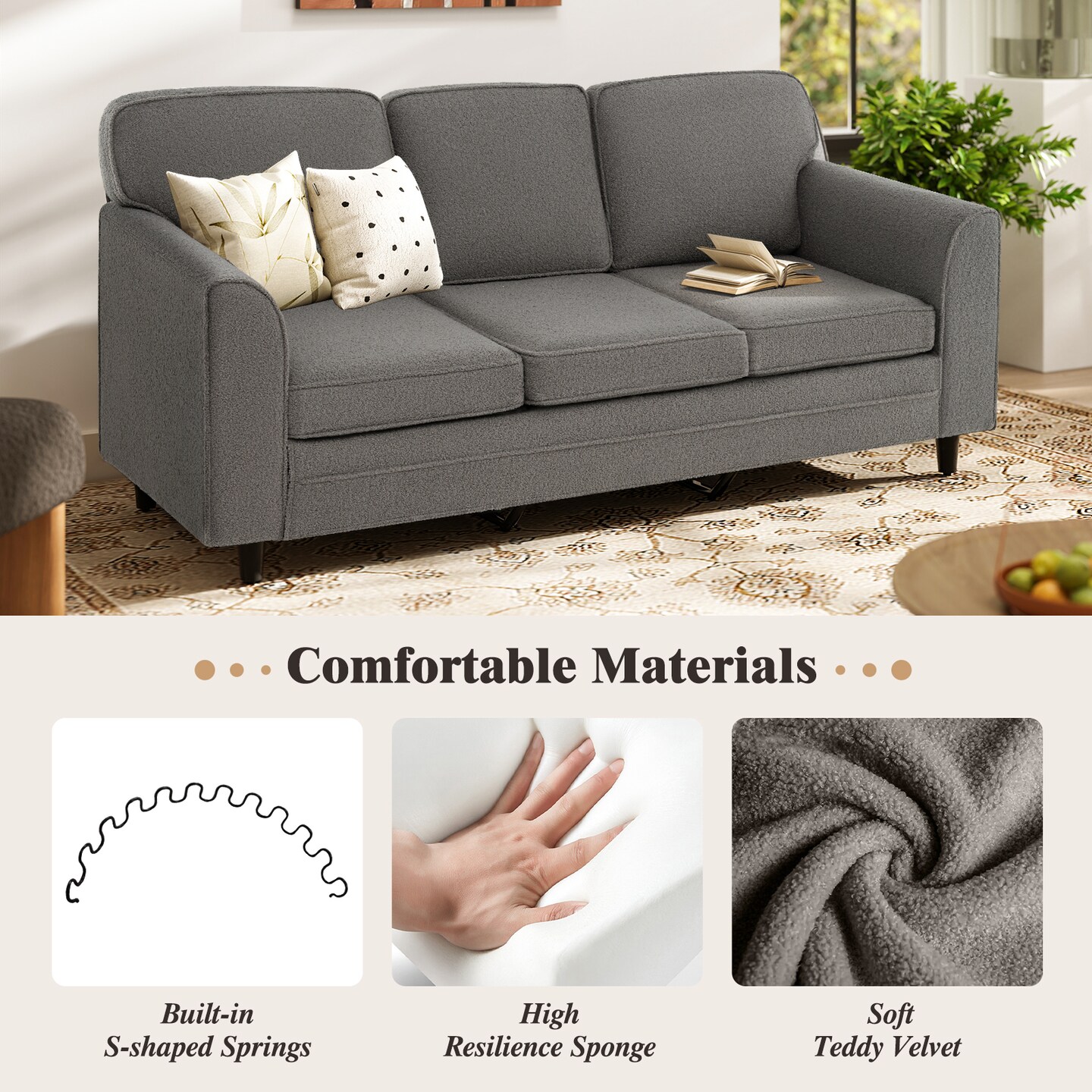 Modern 3-Seater Sofa Couch with Soft Teddy Velvet Ergonomic Cushions Wood Legs for Living Room