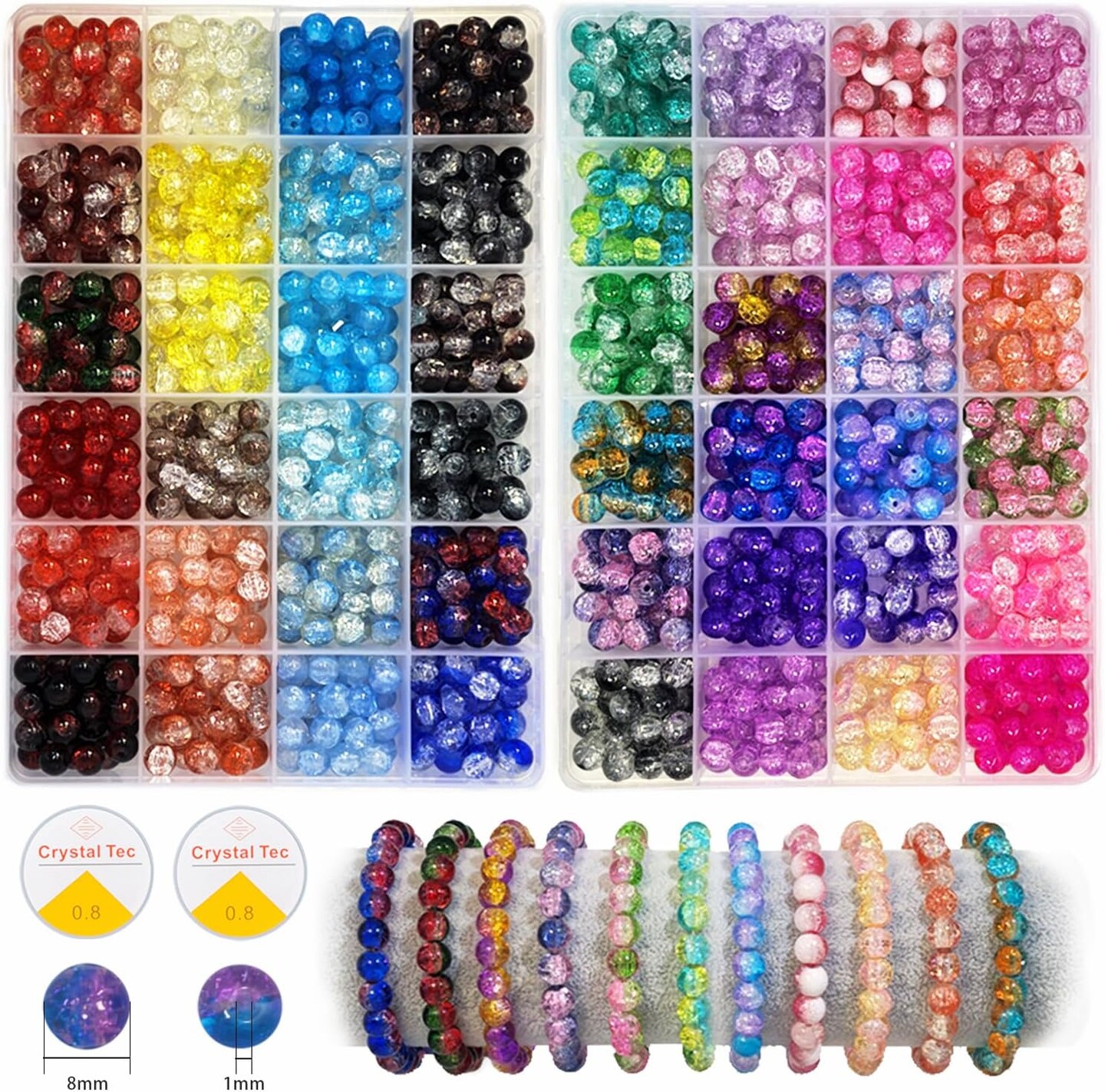 2-Pack 1,300+pcs 8mm Round Glass Beads – 48 Colors (Solid & Printed) for Jewelry Making, DIY Bracelets, Crafts, and Beginners, Includes 2 Storage Boxes