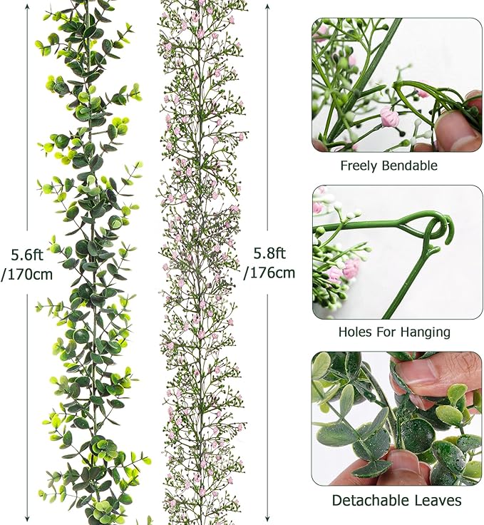 4PCS Faux Eucalyptus Garland Plant, Artificial Baby Breath Flower Vines Hanging Leaves Vines Hanging Leaves Greenery Wedding Backdrop Arch Wall Decor, Indoor Outdoor 5.8 Ft&#xFF08;Pink &#x26; Green&#xFF09;