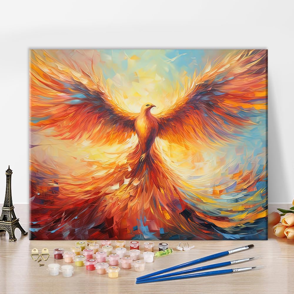 Bird Paint by Number, Beautiful Elegance Phoenix Spreading Wing Adults&#x27; Paint-by-Number Kits Phoenix Paint by Numbers for Adults DIY Oil Painting with Brushes and Pigment, 16x20 Inch