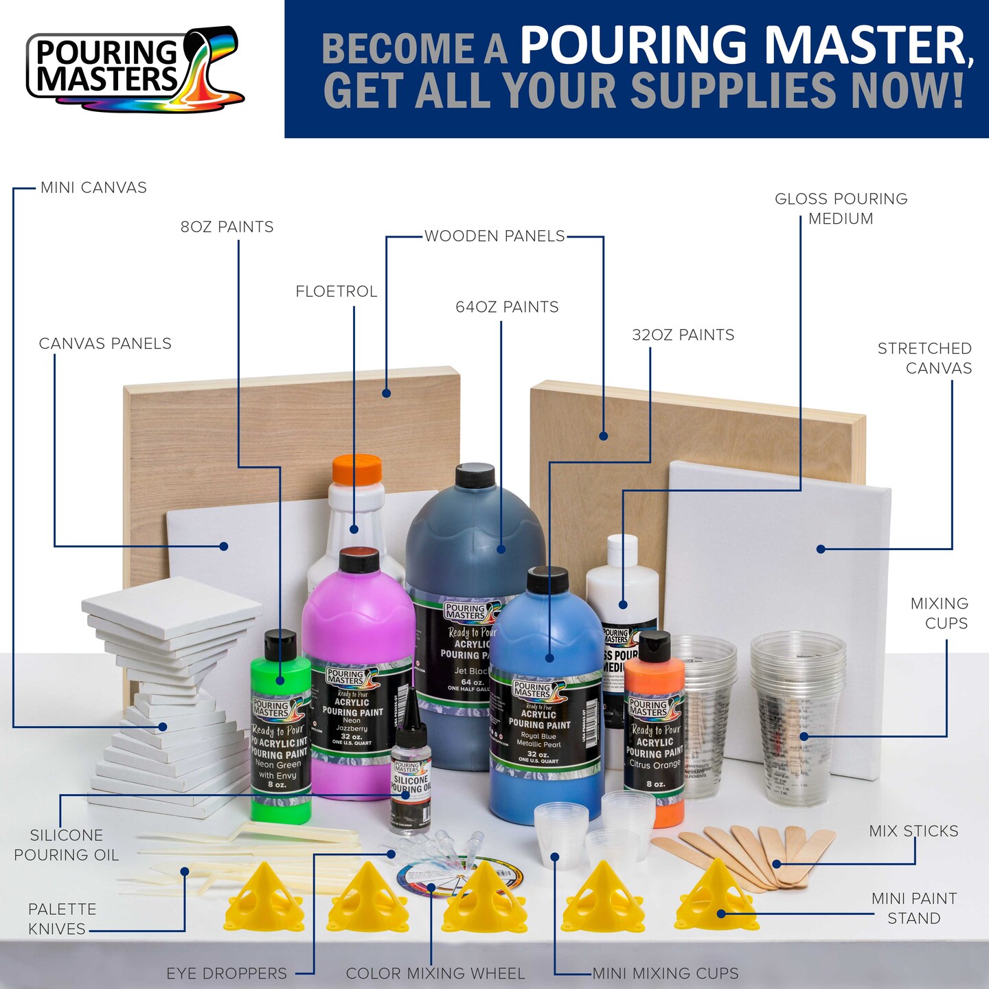 16-Color Ready-to-Pour Acrylic Pouring Paint Set, with Silicone Oil &#x26; Gloss Medium, 8oz Bottles, Pour Paint Supplies for Canvas &#x26; Crafts