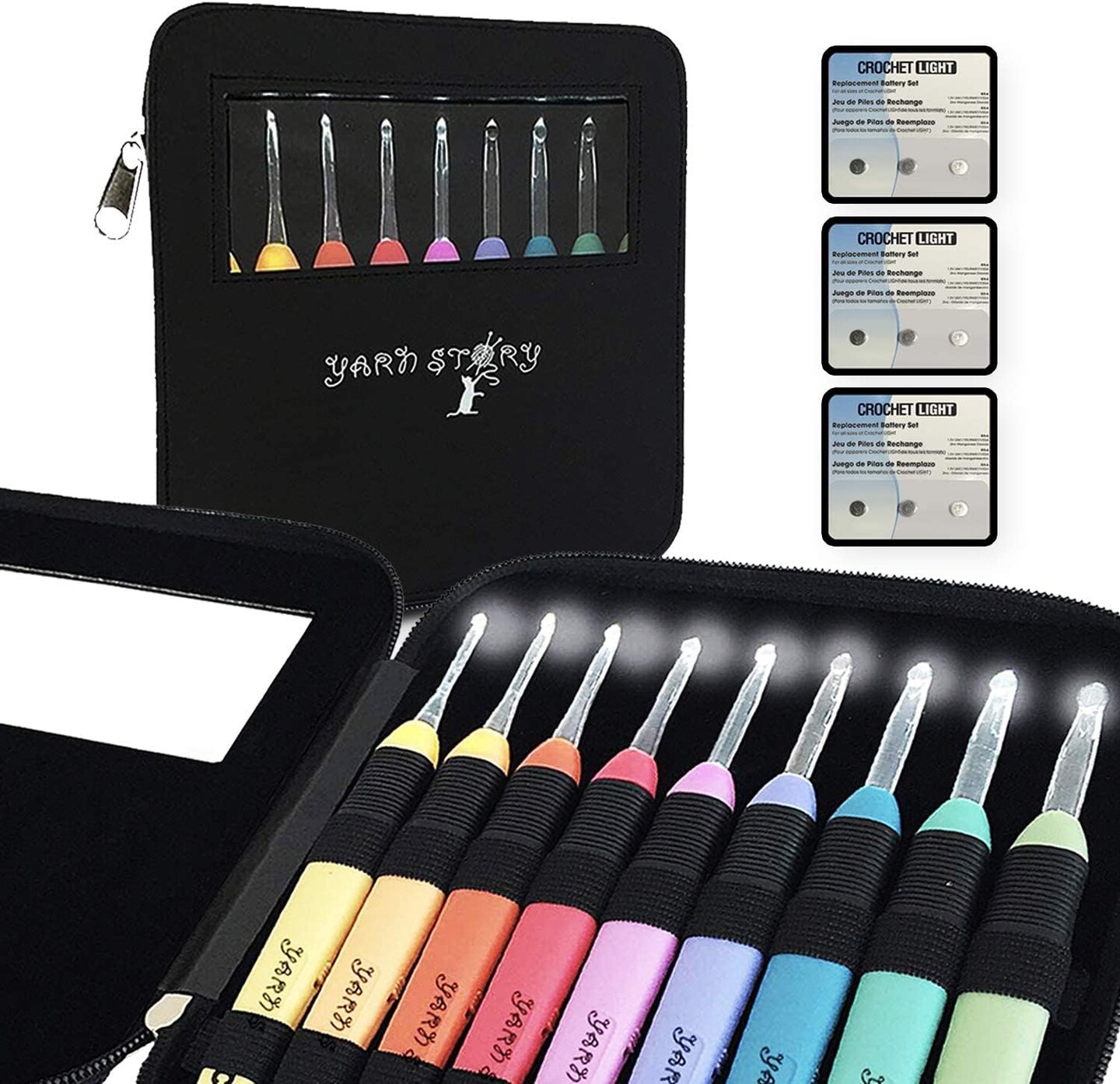 Lighted Crochet Hooks Complete Set 9/pkg - 9 pcs Light up Crochet Hook Set w/ 9 Extra Batteries &#x2013; Crochet Lite Hooks