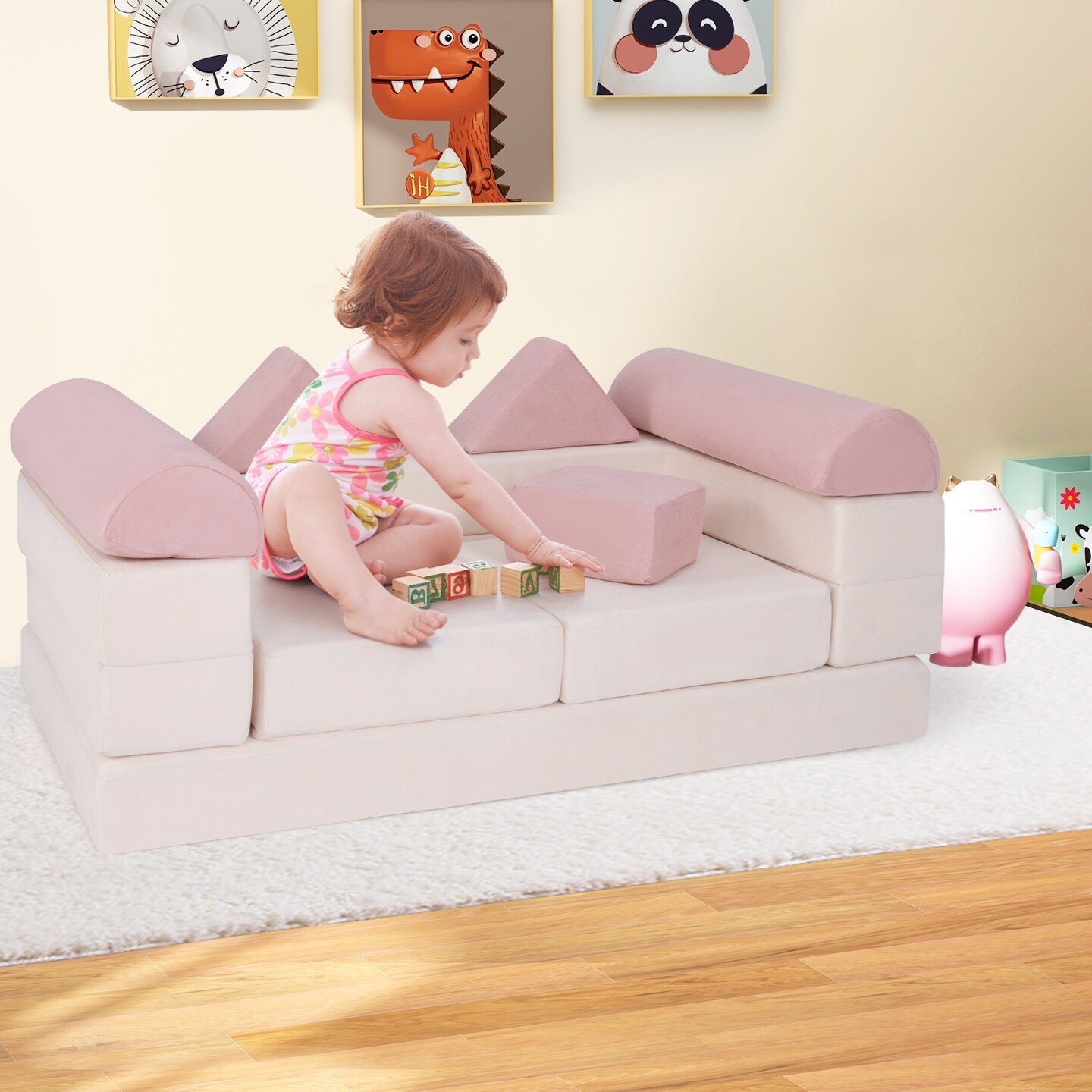 Suede Fabric Convertible Kids Play Couch Set with Foam Blocks and Cushions