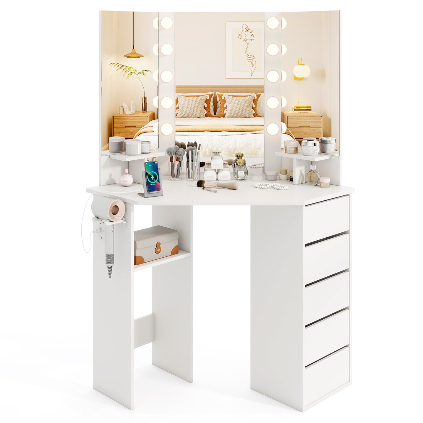 Corner Vanity Desk with 3-Panel Mirror, LED Lights, Charging Ports and Storage