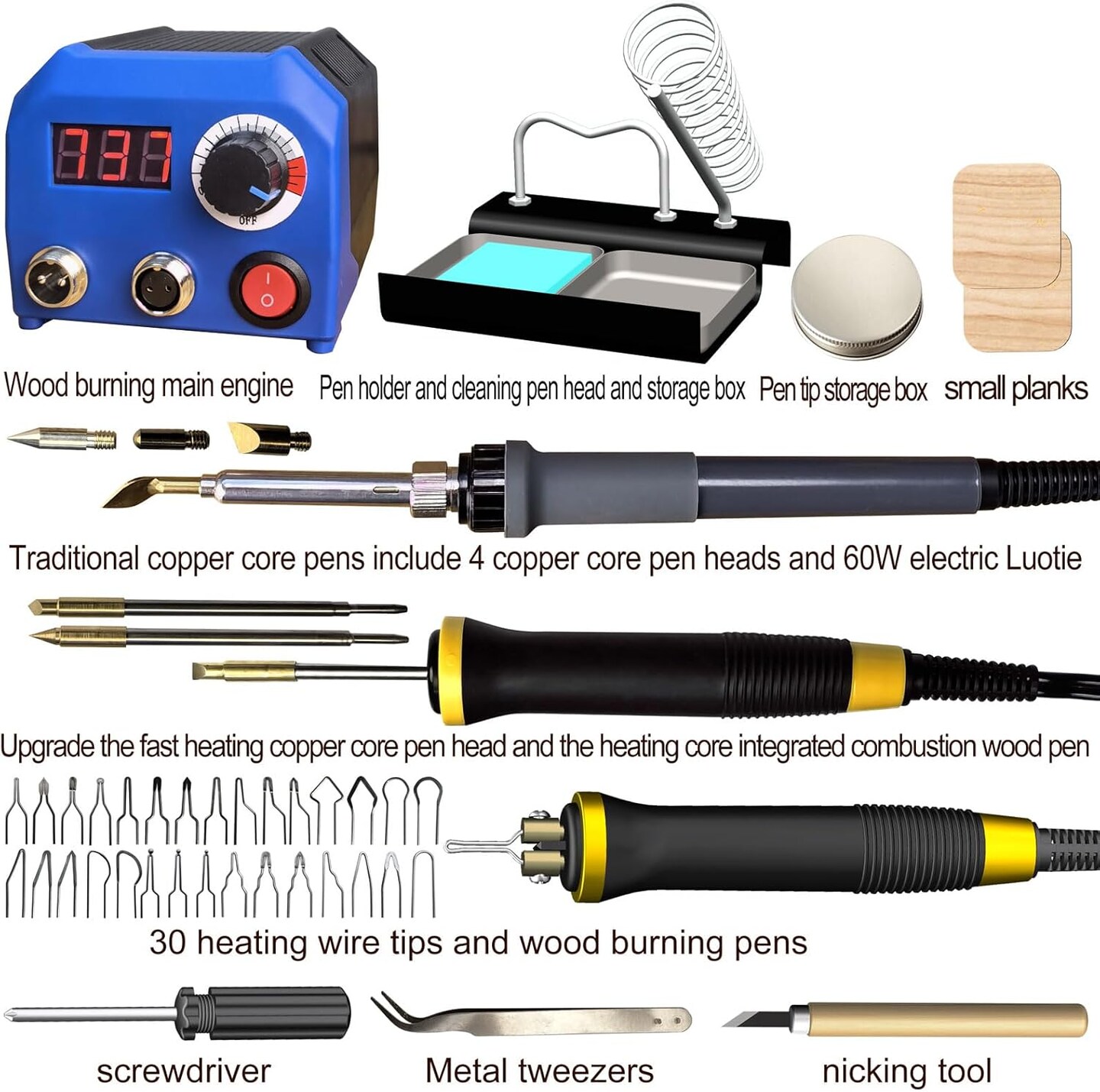 LH55-2-3 Wood Burner kit Wood Burning Tool Pen 25~750&#x2103;, Wood Burning kit with Digital Thermometer Temperature Adjustable Temperature, 3 pyrographic Wood Burning pens, 37 Wood Burning Pen Tips