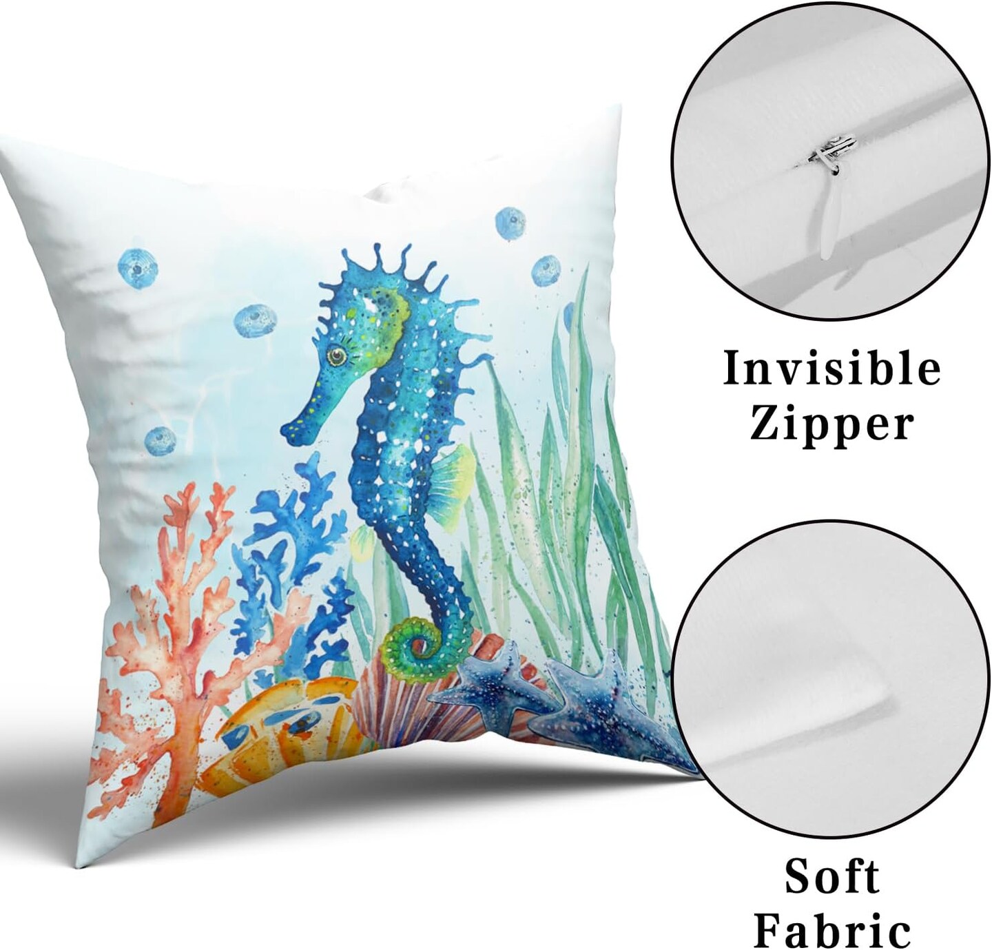 Coastal Ocean Pillow Covers Set of 2-18"x18" Sea Turtles Seahorse Decorative Throw Pillow Cases- Watercolor Marine Animals Double Sided Square Cushion Covers for Sofa Couch Bed Car