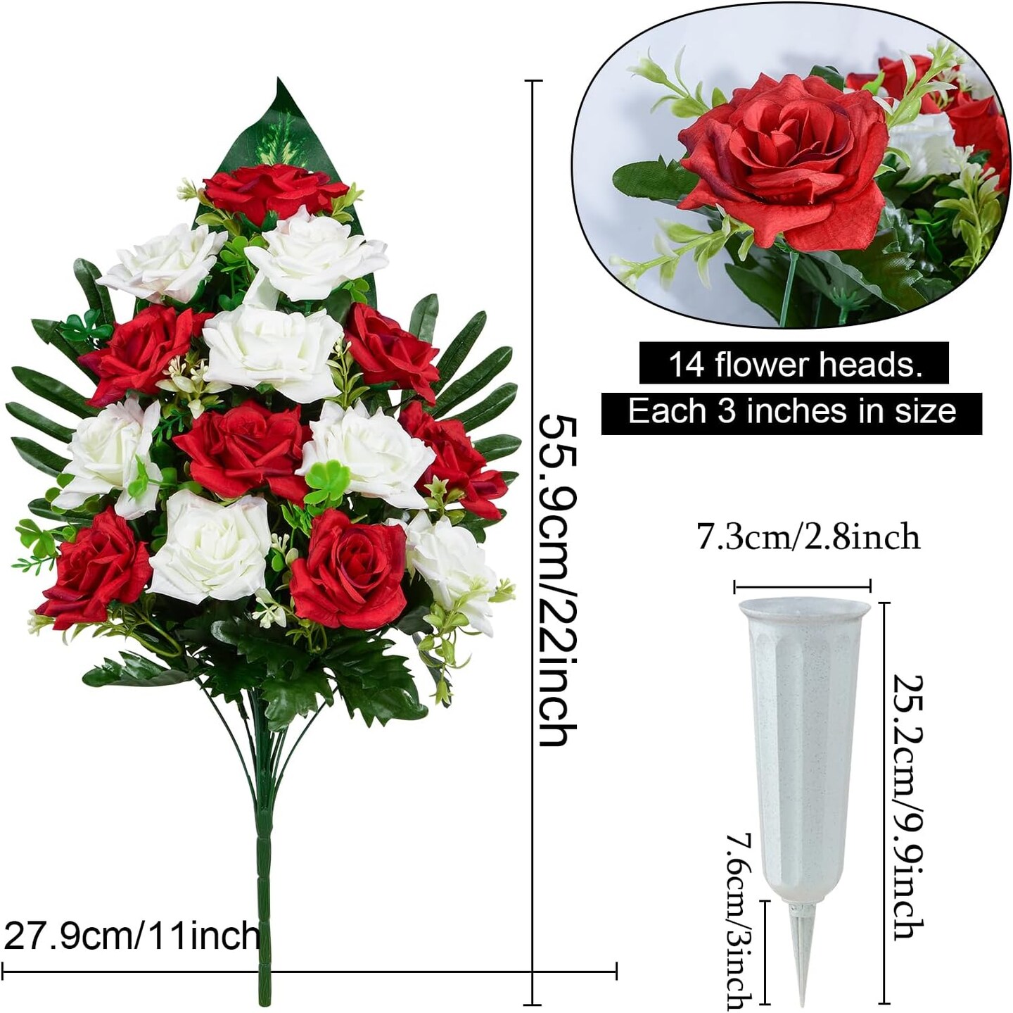 Set of 2 Artificial Cemetery Flowers – Memorial Rose Bouquets with Vases for Grave, Cemetery & Headstone Decoration (Red & White)