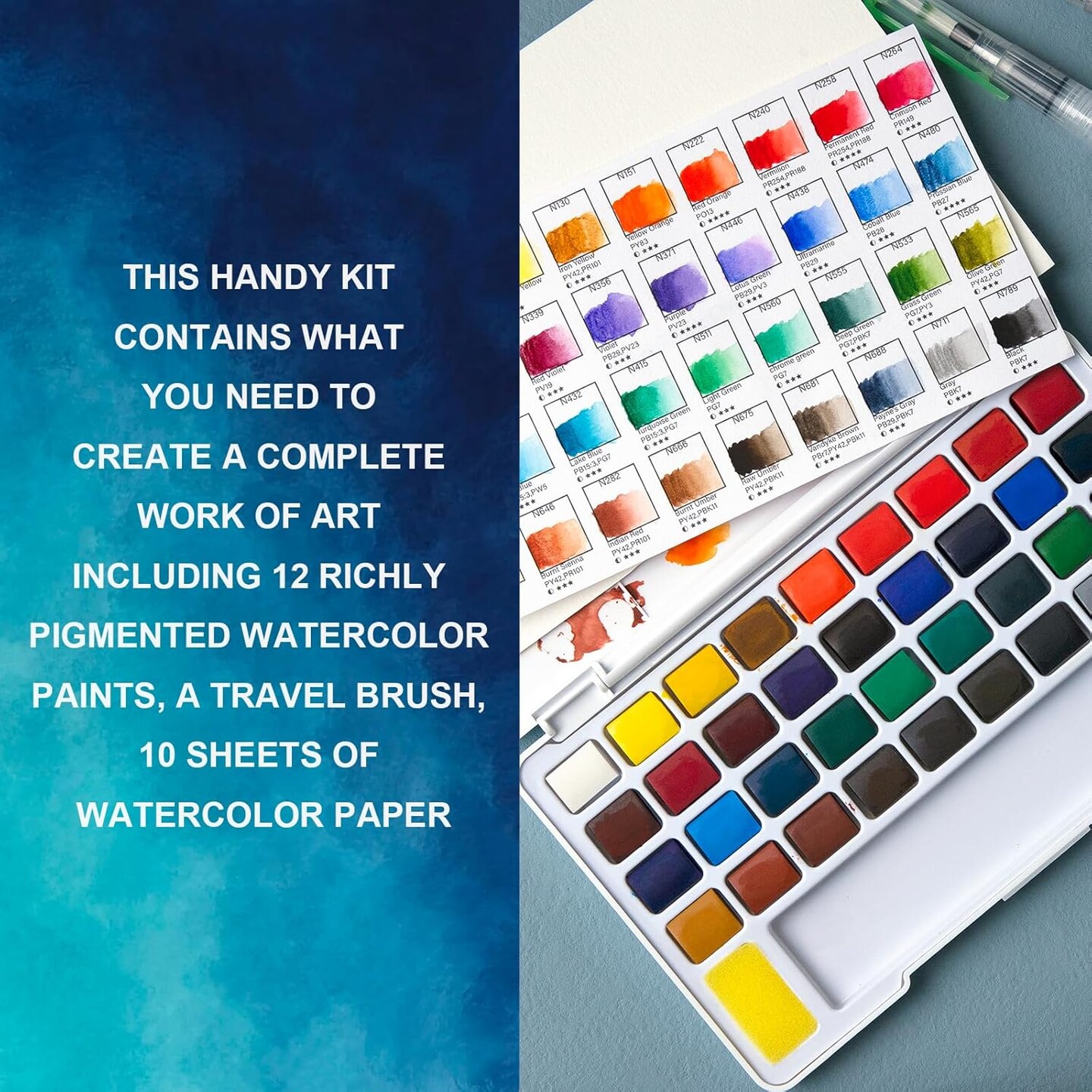 Watercolor Paint Set 36 Vivid Colors with Water Brush & 10 Artist Grade Watercolor Paper 32k Perfect Travel Watercolor Set for Beginners, Hobbyists & Painting Enthusiasts