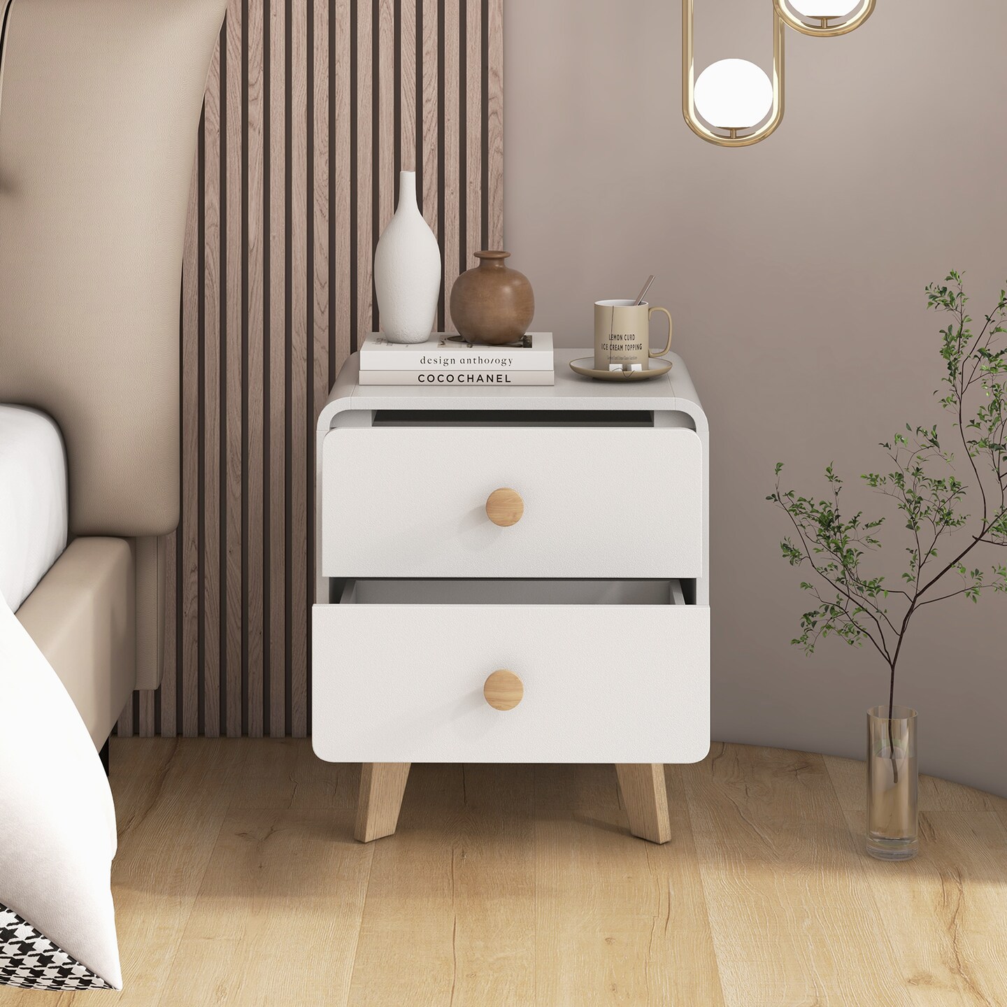 MDF and Rubber Wood Nightstand with 2 Drawers and Mid-Century Modern Design