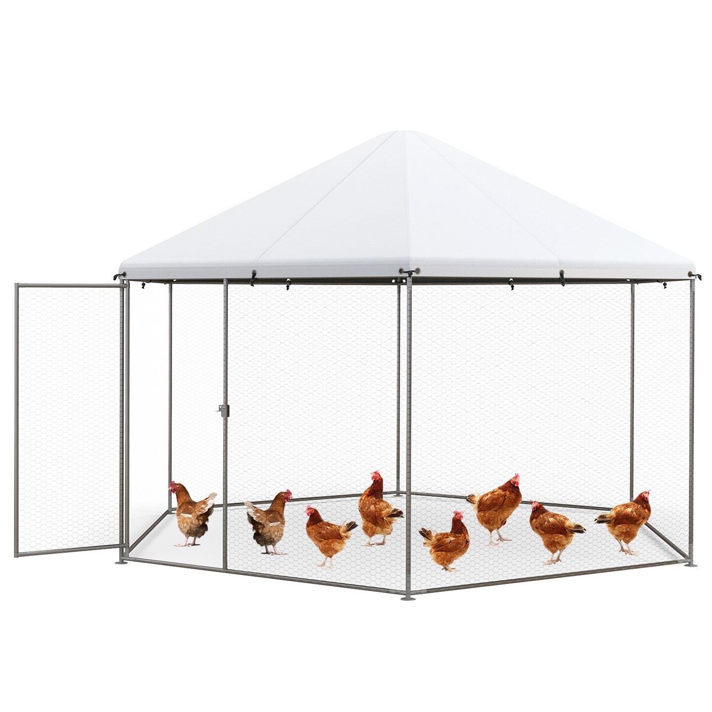 Silver Large Metal Hexagonal Chicken Coop with 210D Oxford Fabric and Lockable Door