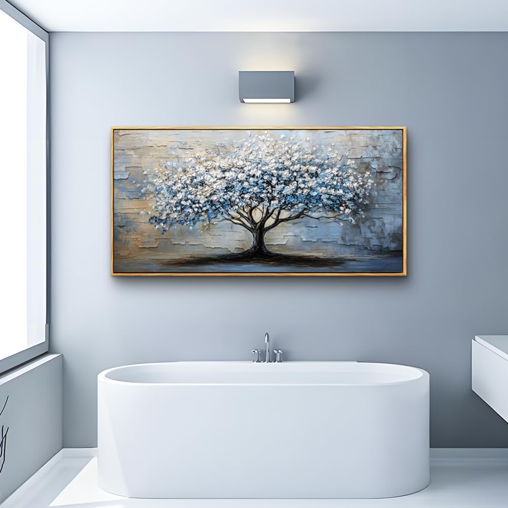 Wood Framed Wall Art for Living Room, Office, Bedroom - Large Abstract Blue Grey Tree Painting Canvas - Farmhouse Home Decor 20&#x22;X40&#x22;