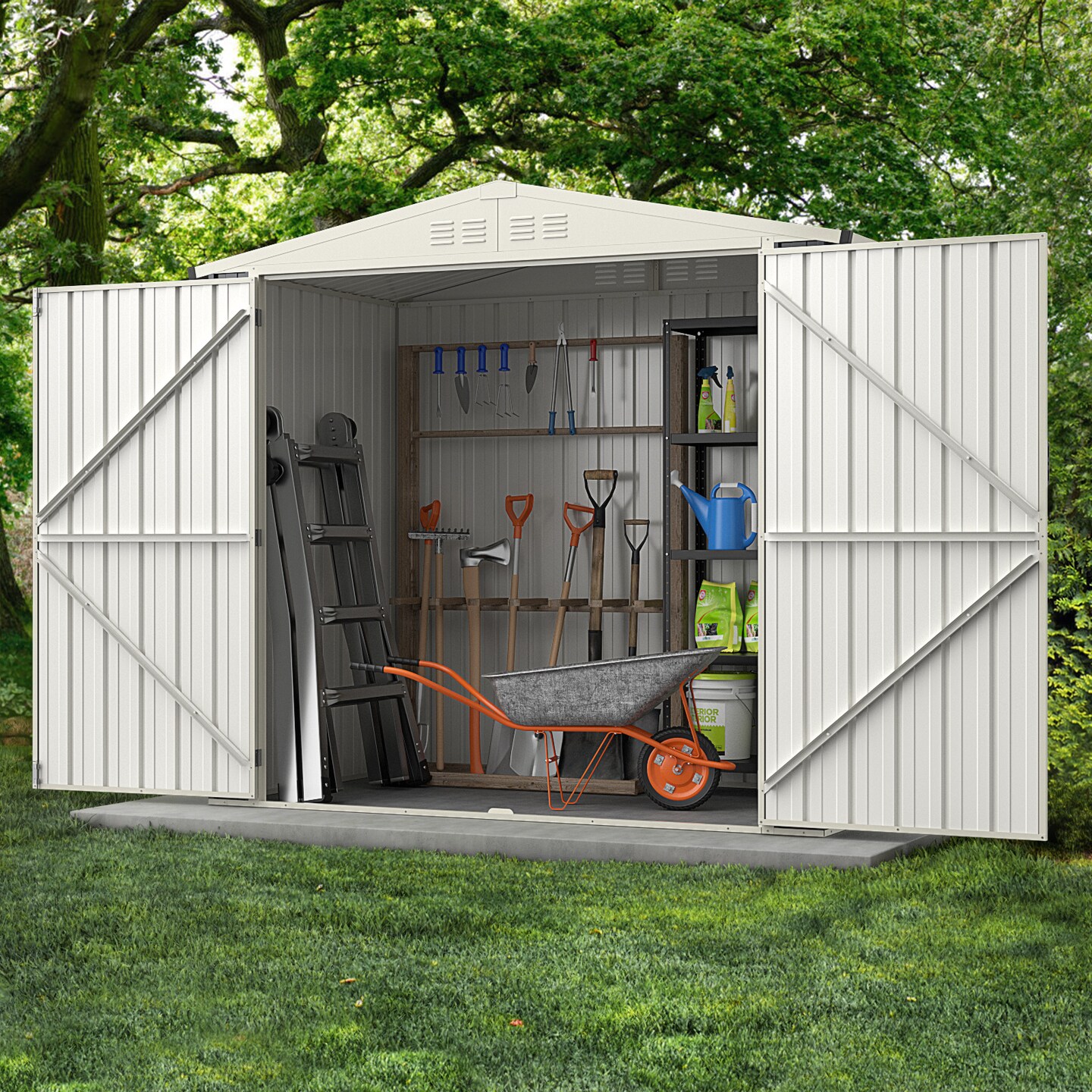 Grey 7 x 4 Feet Metal Multi-functional Outdoor Storage Shed with 2 Lockable Door