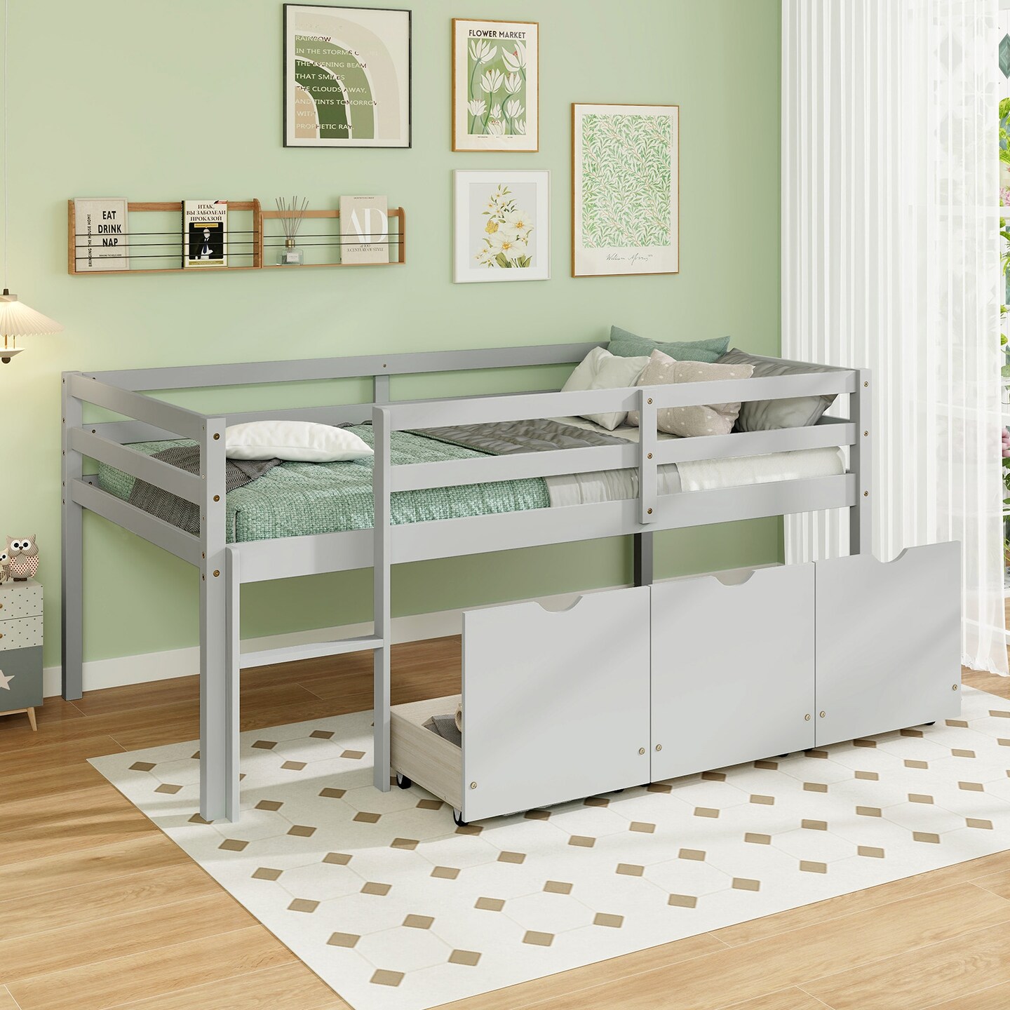Twin Size Low Loft Bed with 3 Storage Drawers Ladder and Guardrails
