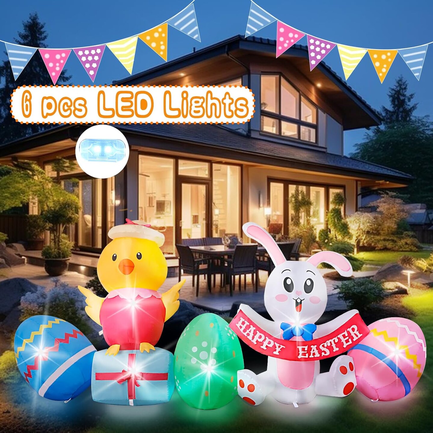 3FT Width Inflatables Easter Rabbit and Chick Outdoor Decor, Happy Easter Bunny and 3 Colorful Eggs Build-in 6 LEDs Decoration Blow Up,for Easter Holiday PartyYard/Garden/Outdoor