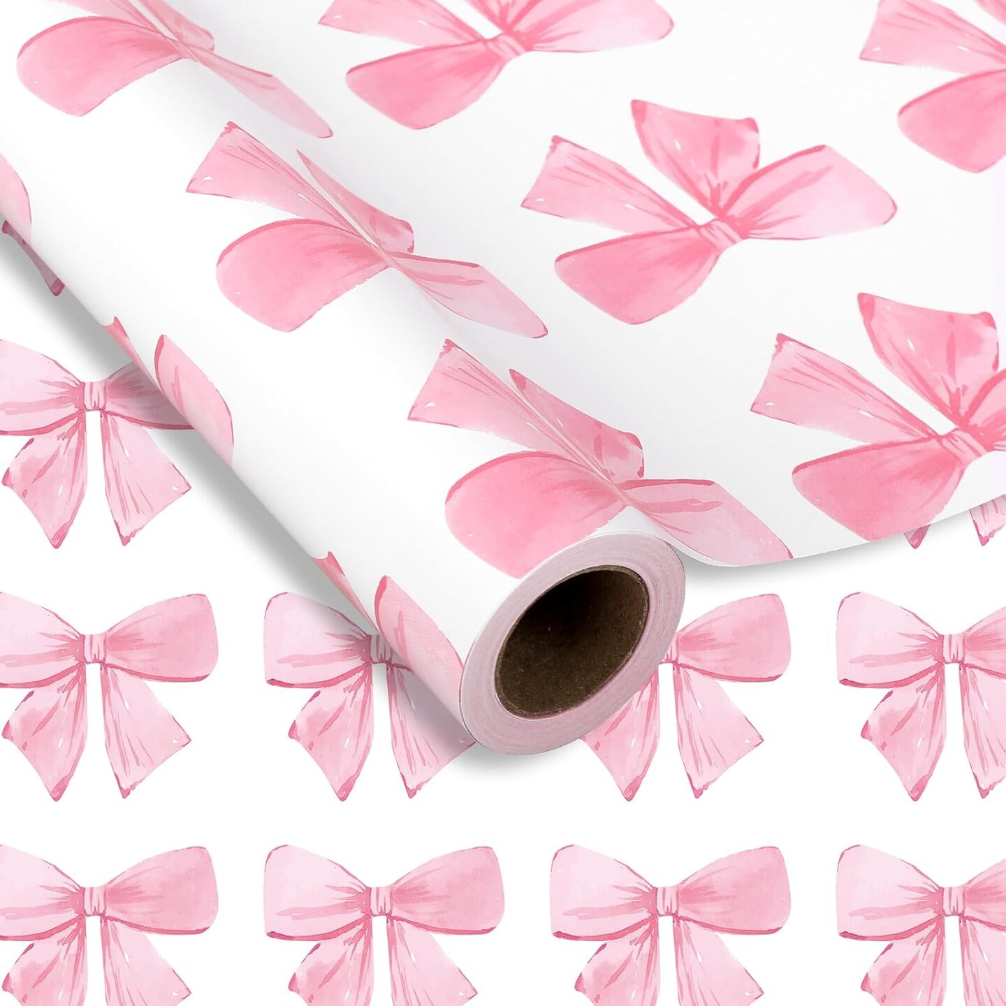 Pink Bow Wrapping Paper -Mini Roll- 17In x 32.8 Ft Watercolor Bow Knot Gift Wrap Paper Sweet Craft Paper for Valentine&#x27;s Day Birthday Wedding Party Packing Supplies